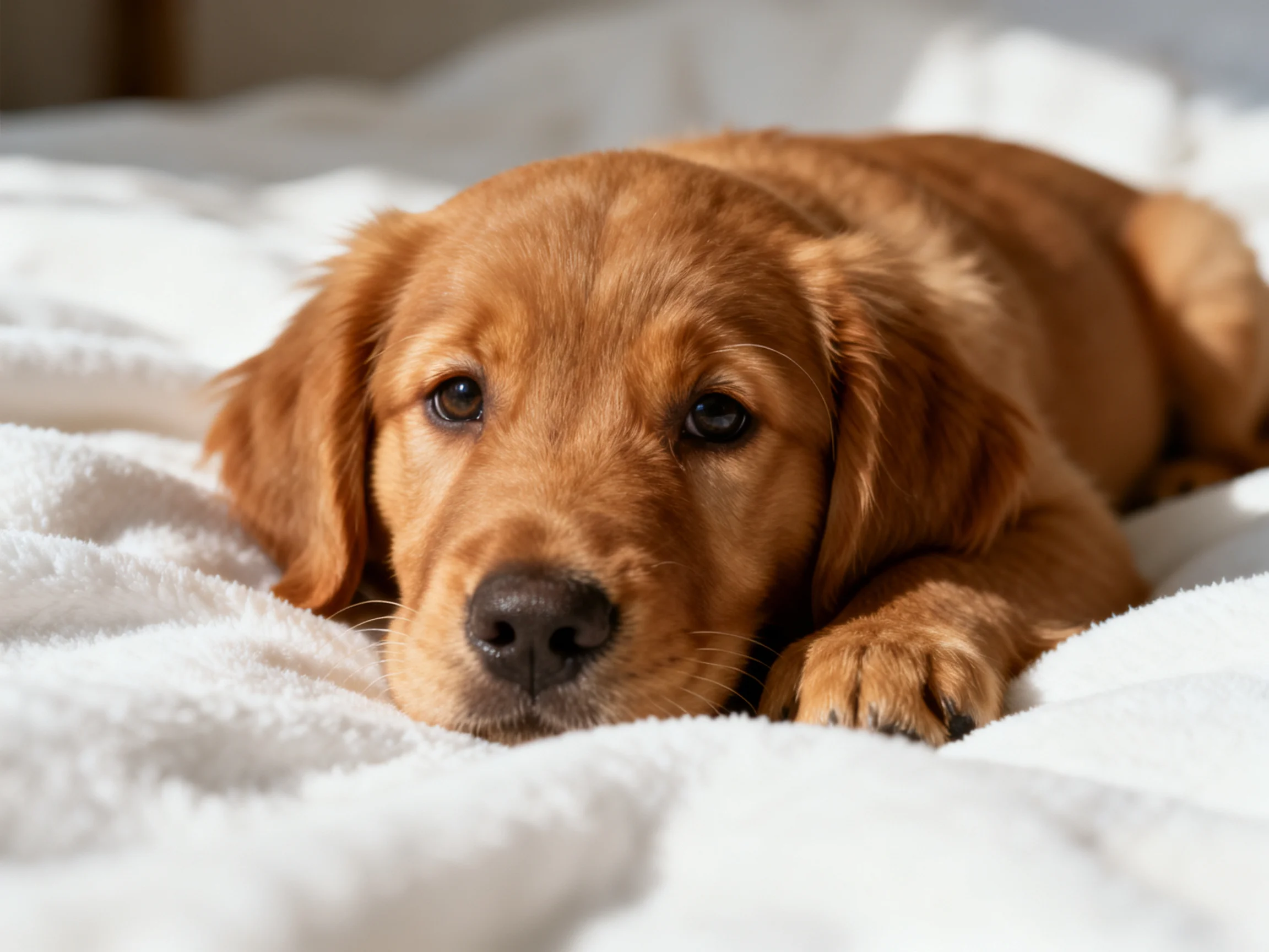 A golden retriever puppy rests comfortably on white bedding.