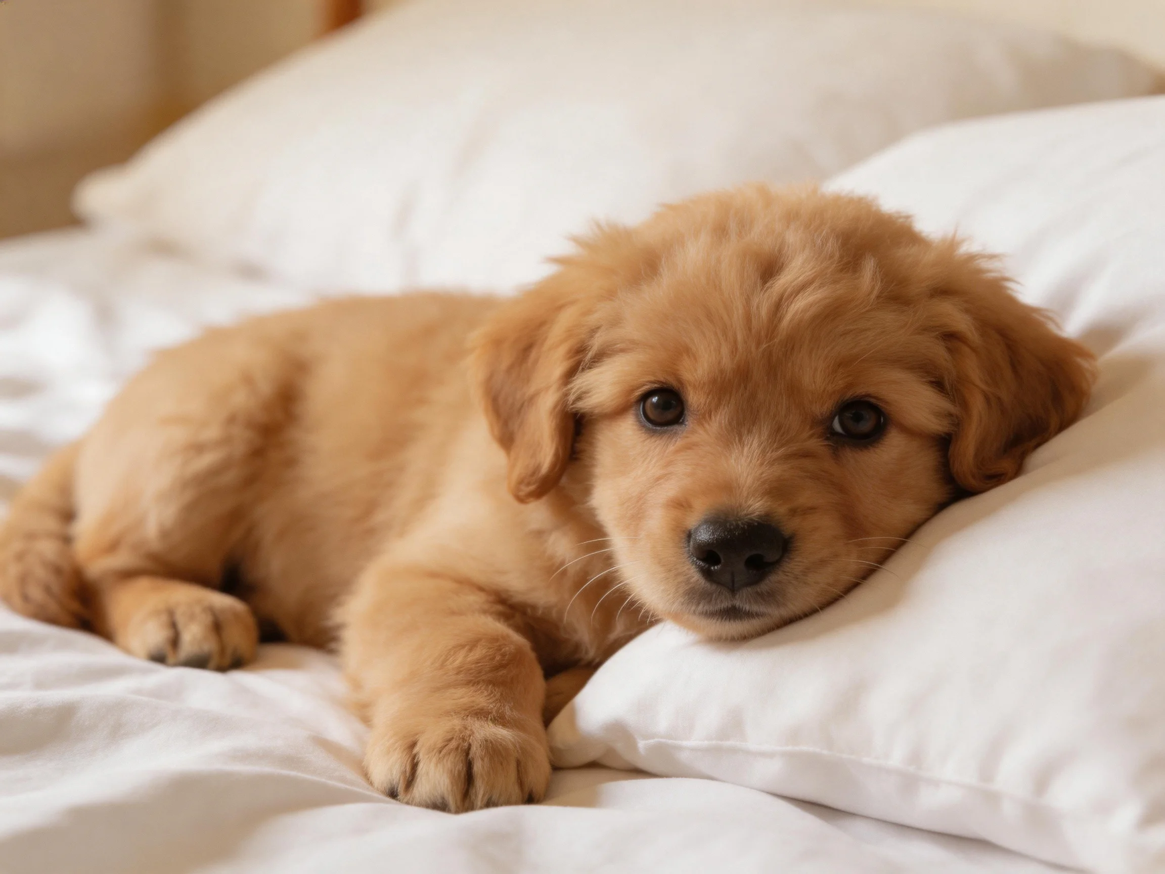 A golden retriever puppy rests peacefully on white bedding.