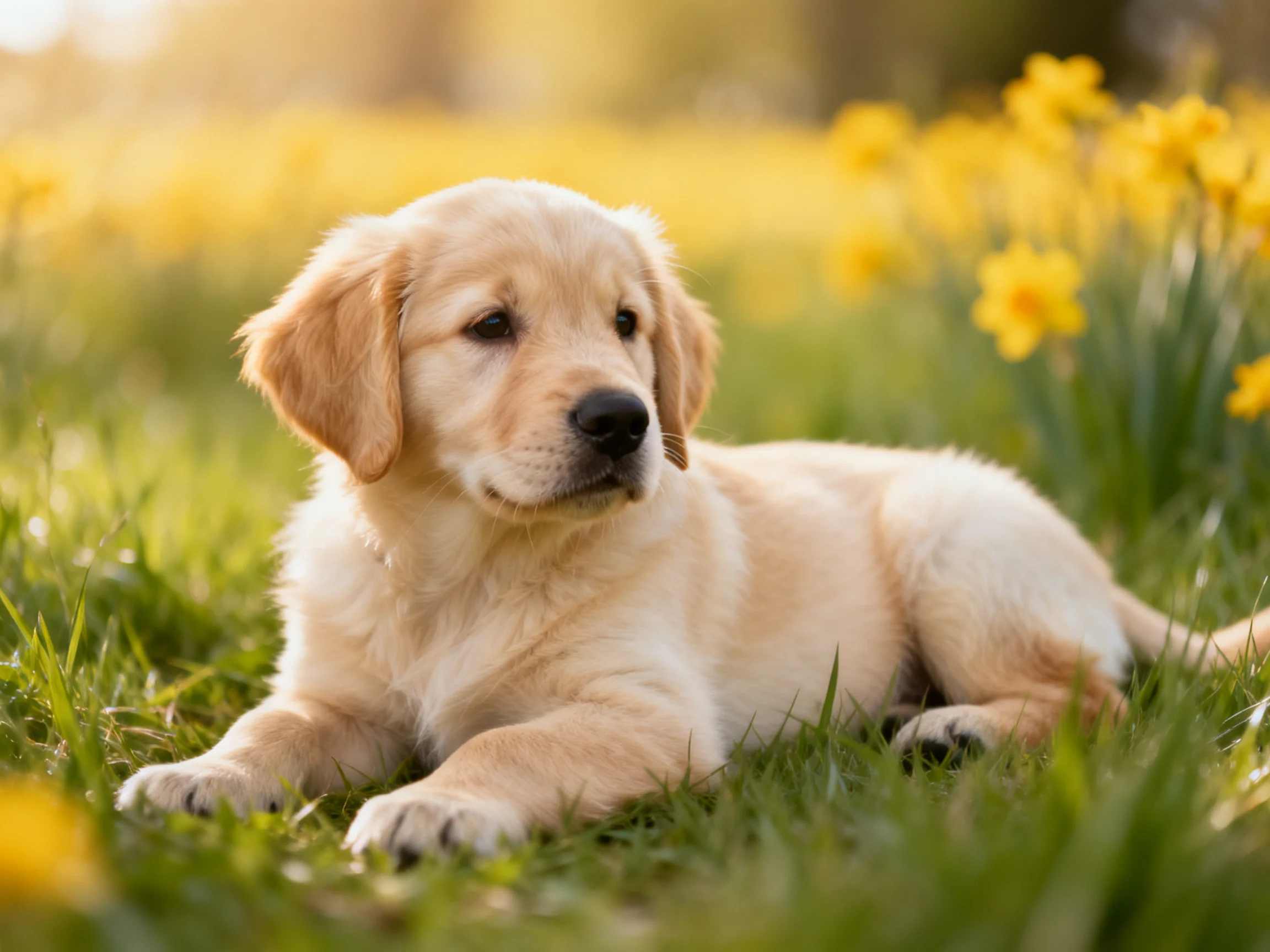 A golden retriever puppy relaxes amid yellow flowers and green grass.