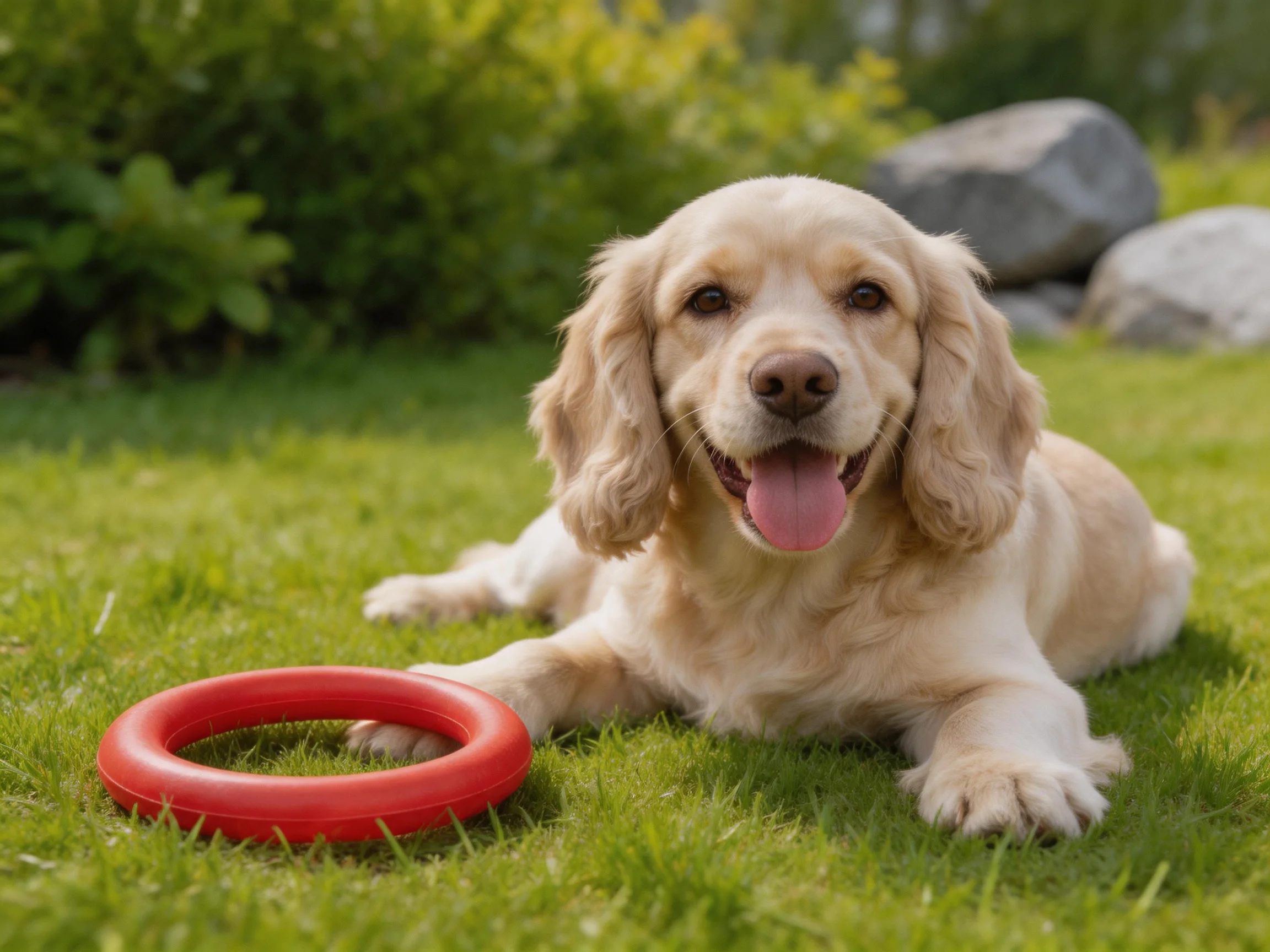 A golden retriever puppy relaxes next to a red toy ring on green grass outdoors.