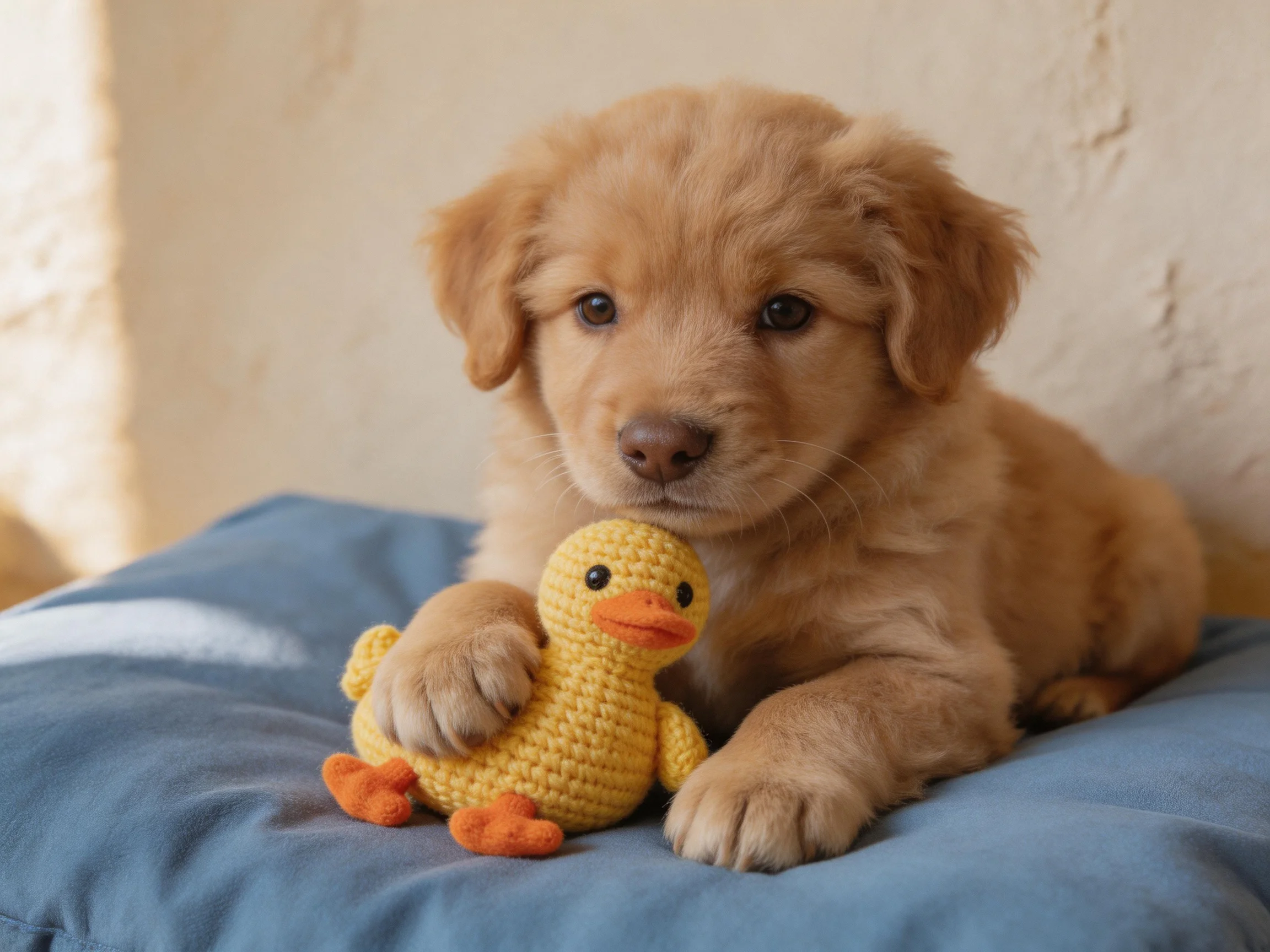 A golden retriever puppy lies next to a crocheted yellow duck toy on a blue cushion.