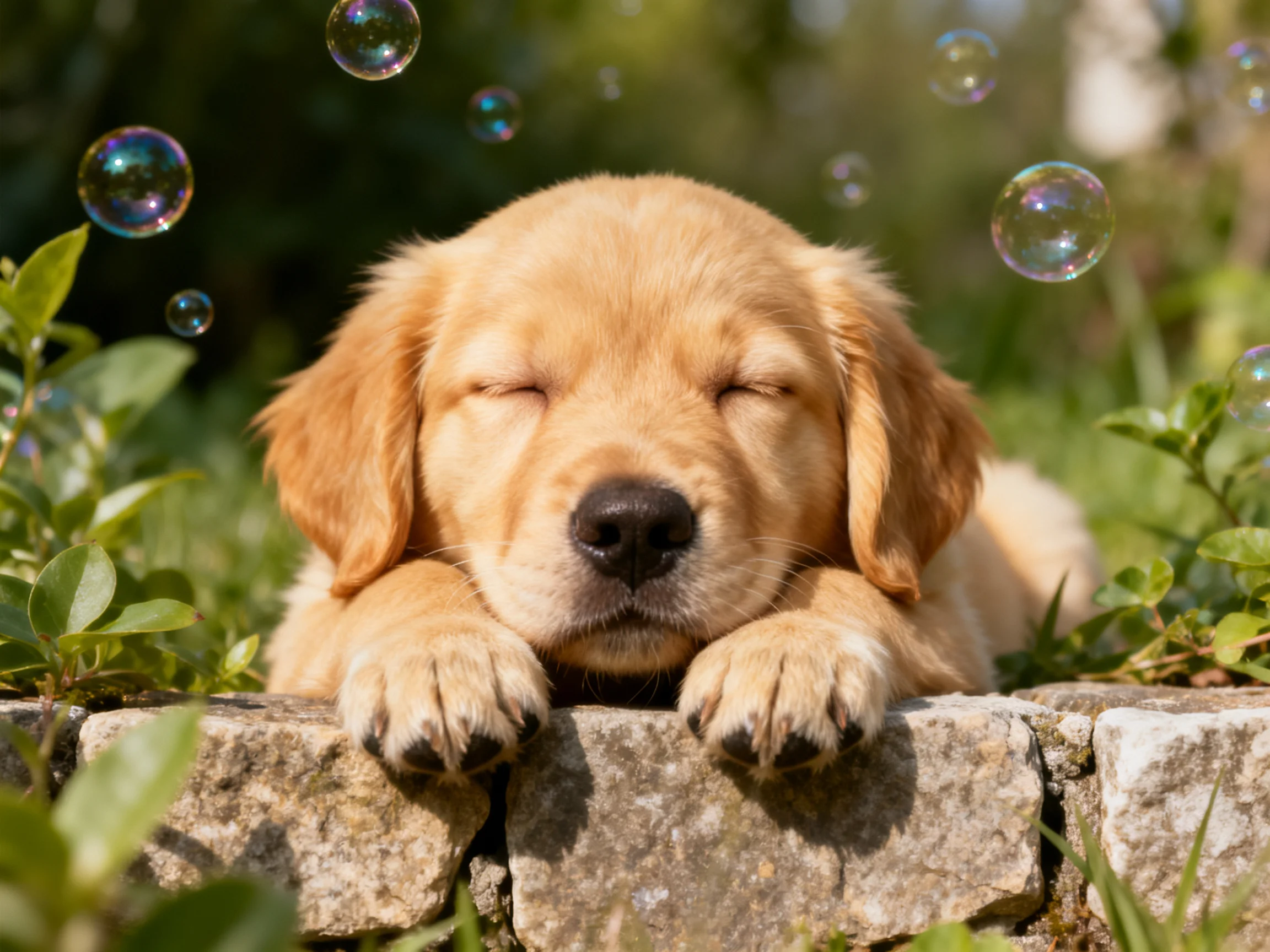 A golden retriever puppy sleeps peacefully near a stone wall with floating bubbles.
