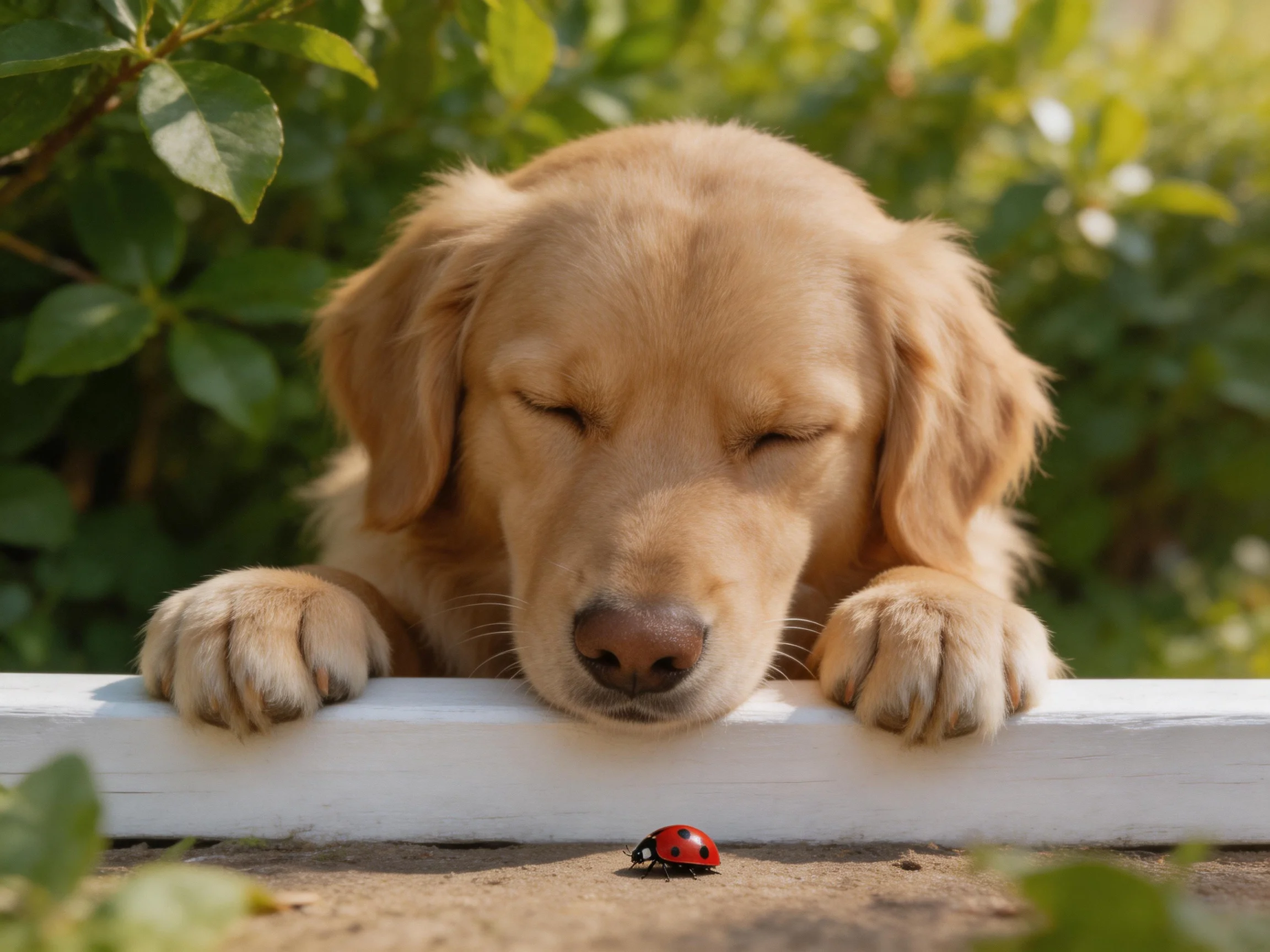 A golden retriever puppy rests near a ladybug by a white fence in a sunlit garden.