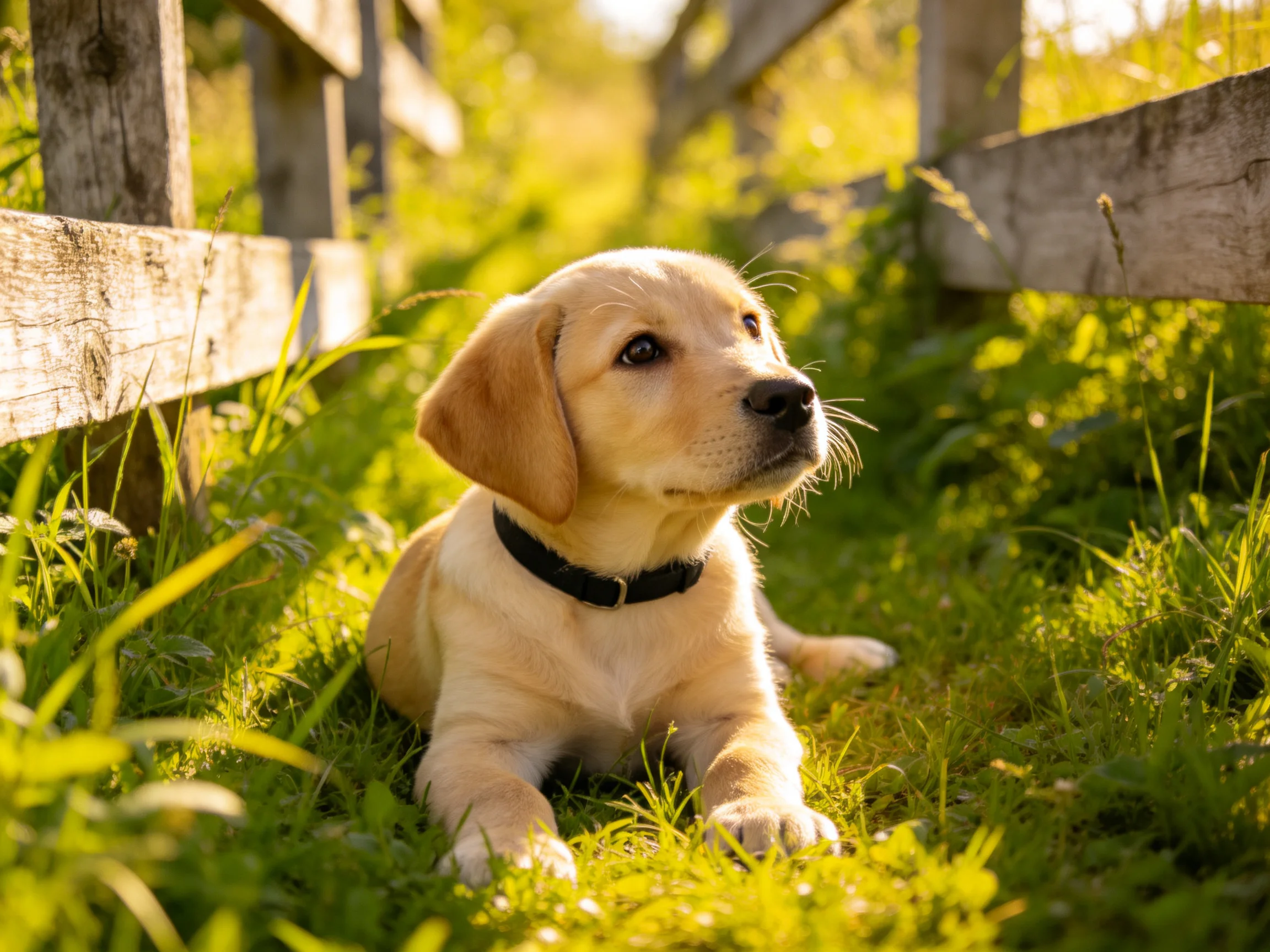 A golden retriever puppy relaxes on grass beside old wooden fences under bright sunlight.