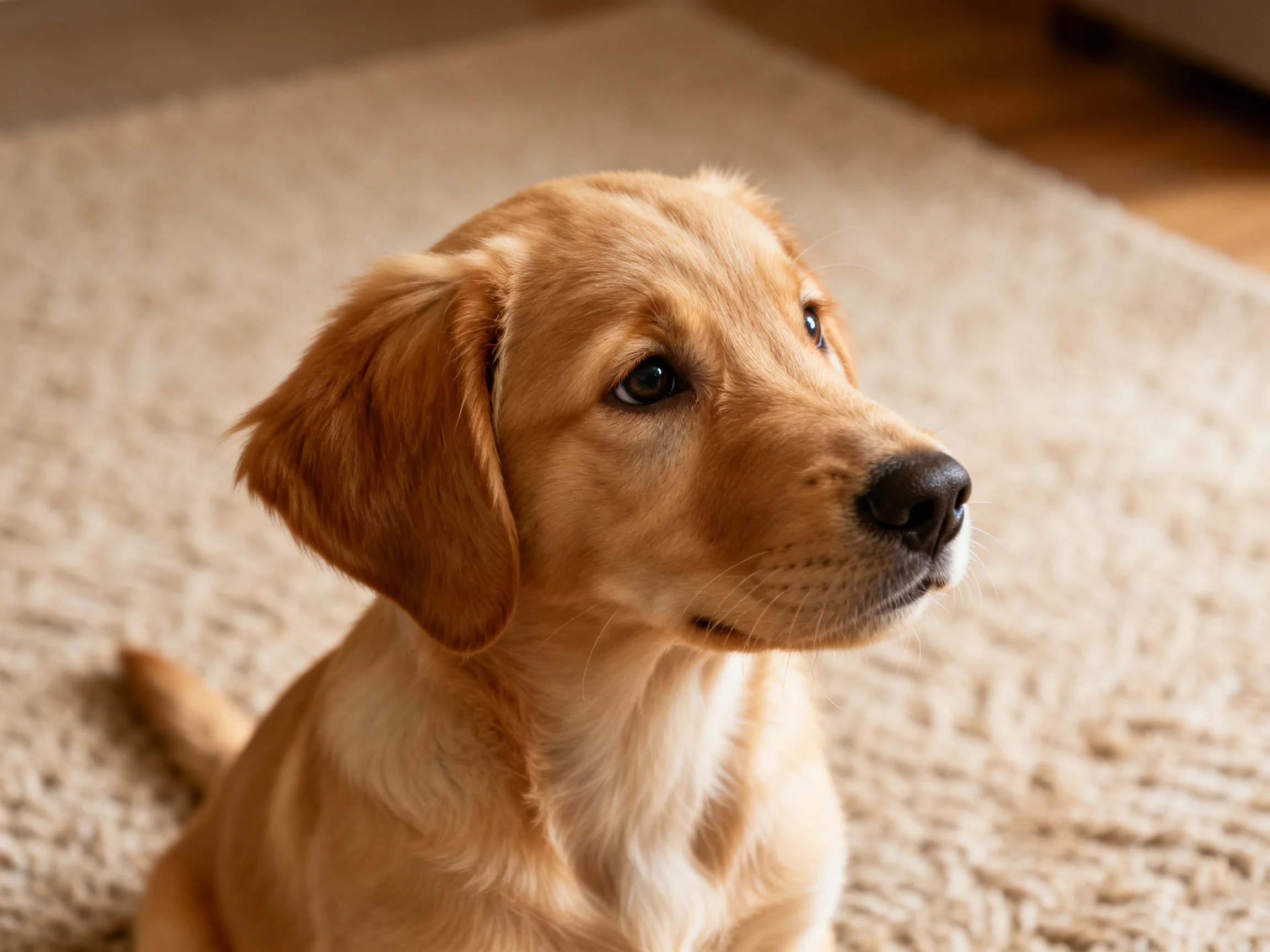 A golden retriever puppy sits calmly on a plush carpet indoors.