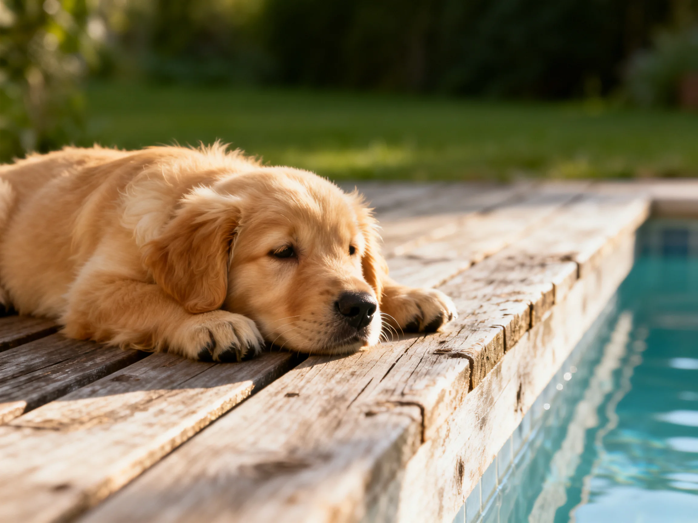 A golden retriever puppy relaxes on a wooden deck near a swimming pool