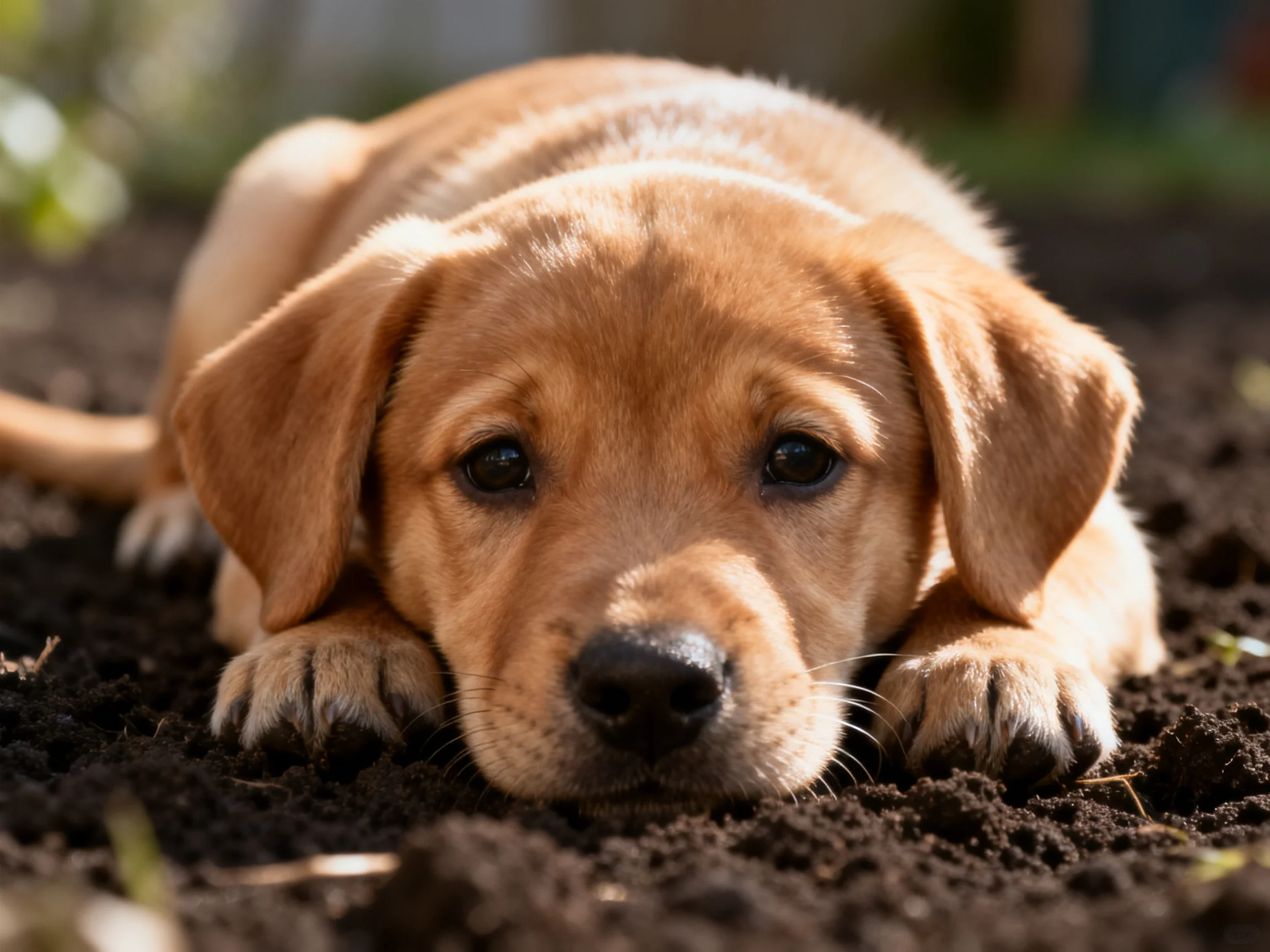 A golden retriever puppy lies calmly on dark soil in an outdoor setting.
