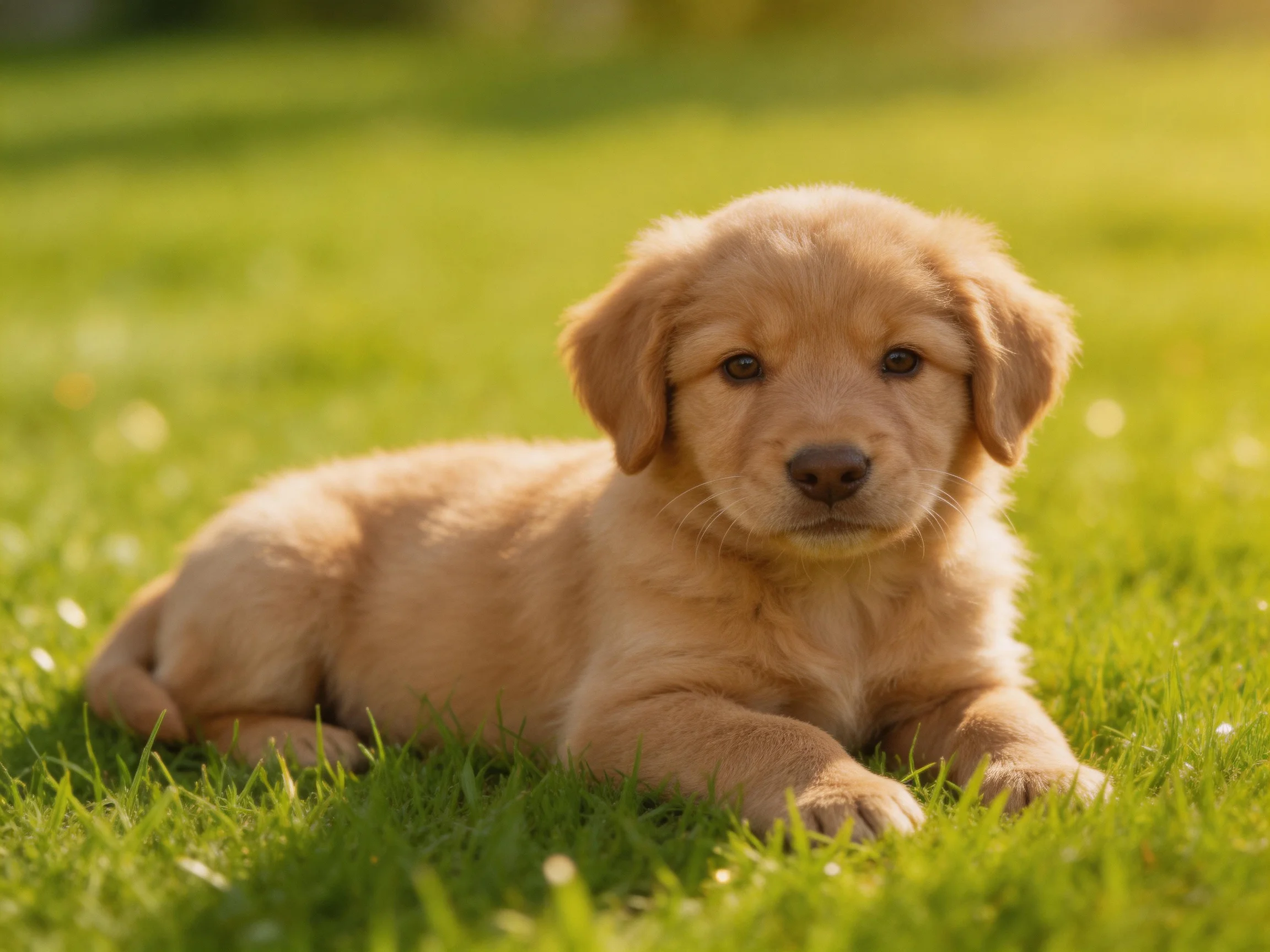 A golden retriever puppy lies calmly on vibrant green grass in a sunlit outdoor setting.