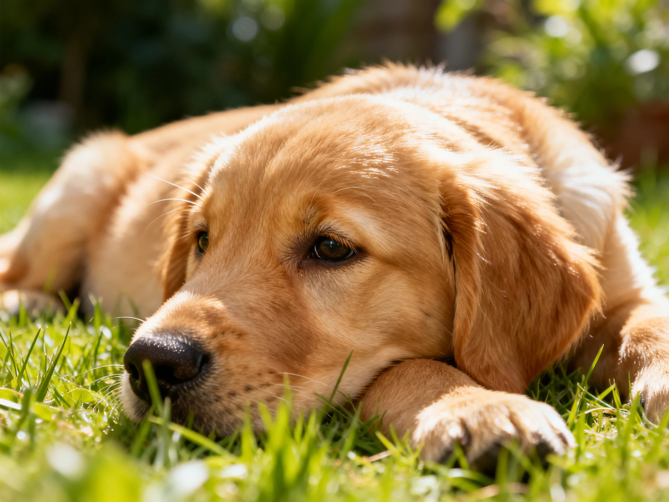 A golden retriever puppy lies calmly on green grass in a sunlit area.