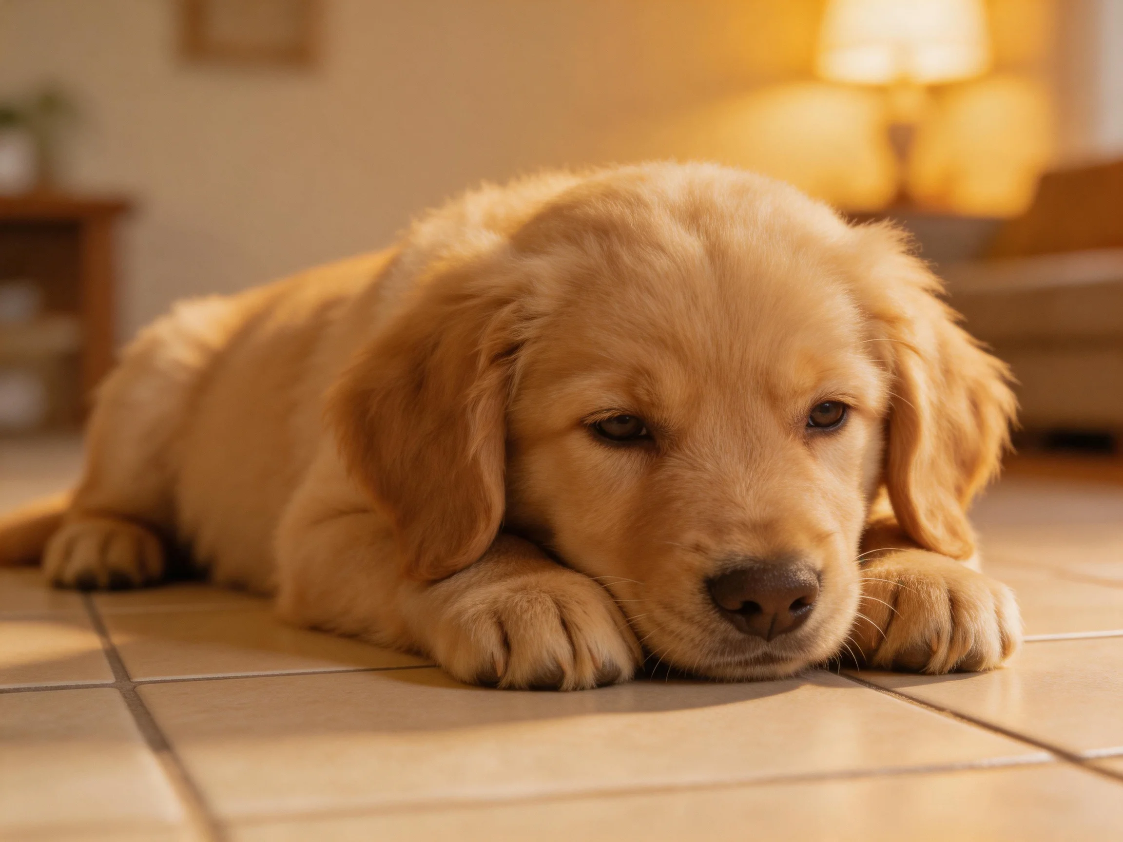 A golden retriever puppy lies on tiled flooring in a cozy indoor setting