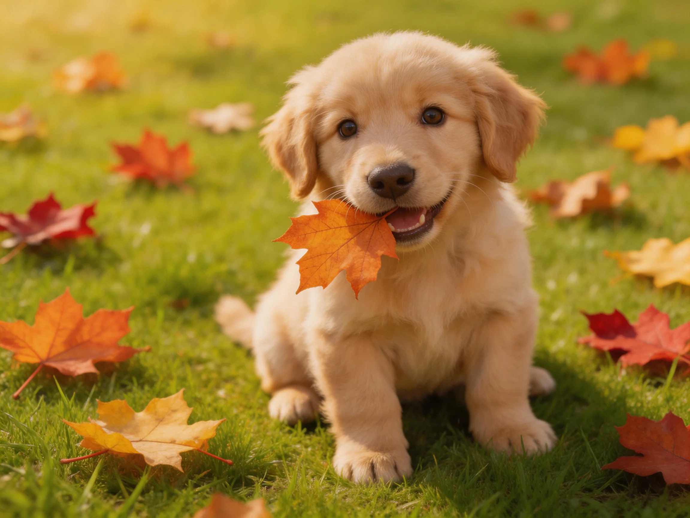 A golden retriever puppy plays with a leaf near scattered autumn leaves