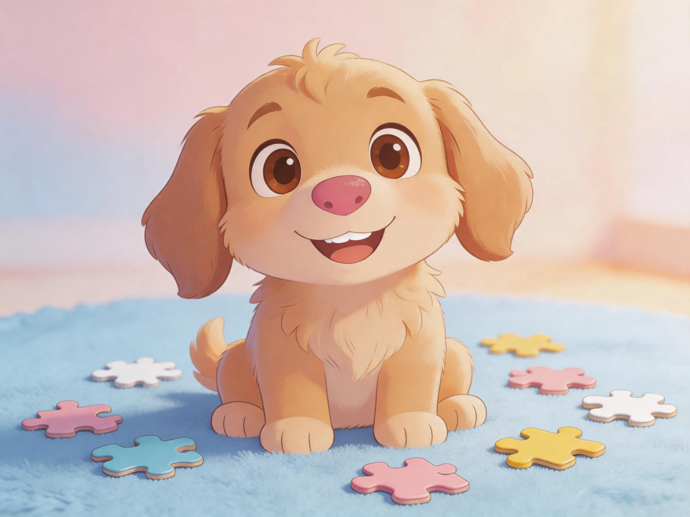 A golden retriever puppy sits among colorful puzzle pieces on a soft blue rug