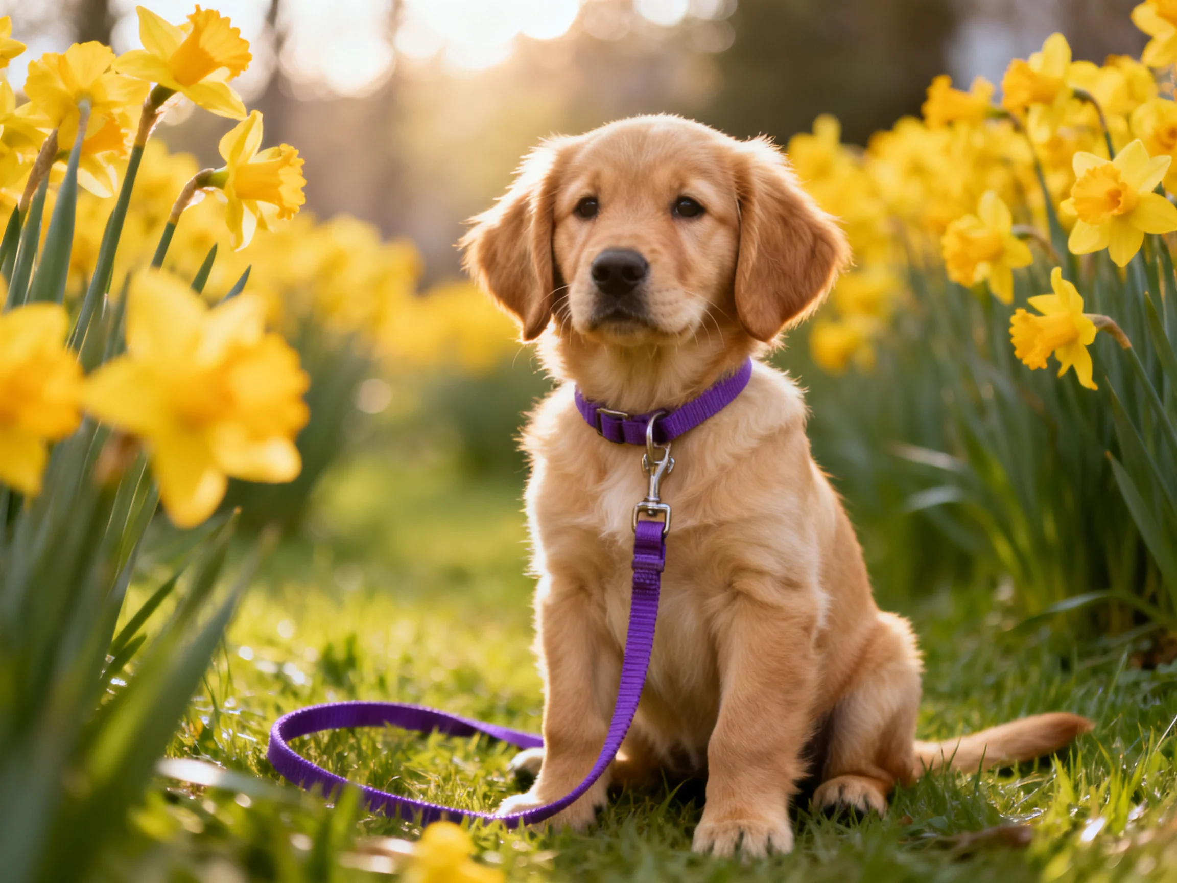 A golden retriever puppy sits among yellow daffodils with a purple leash