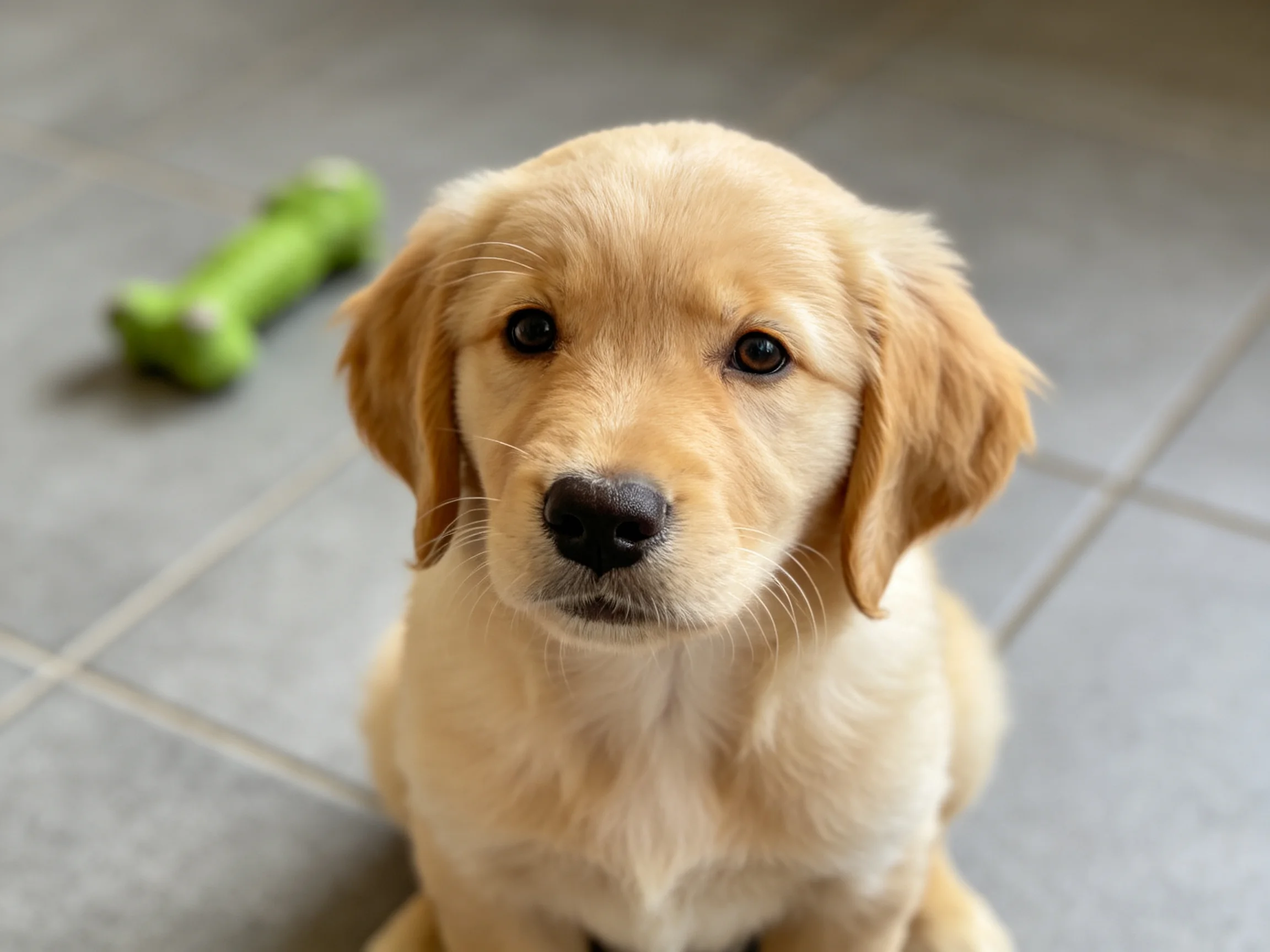 A golden retriever puppy sits near a green toy bone on tiled flooring