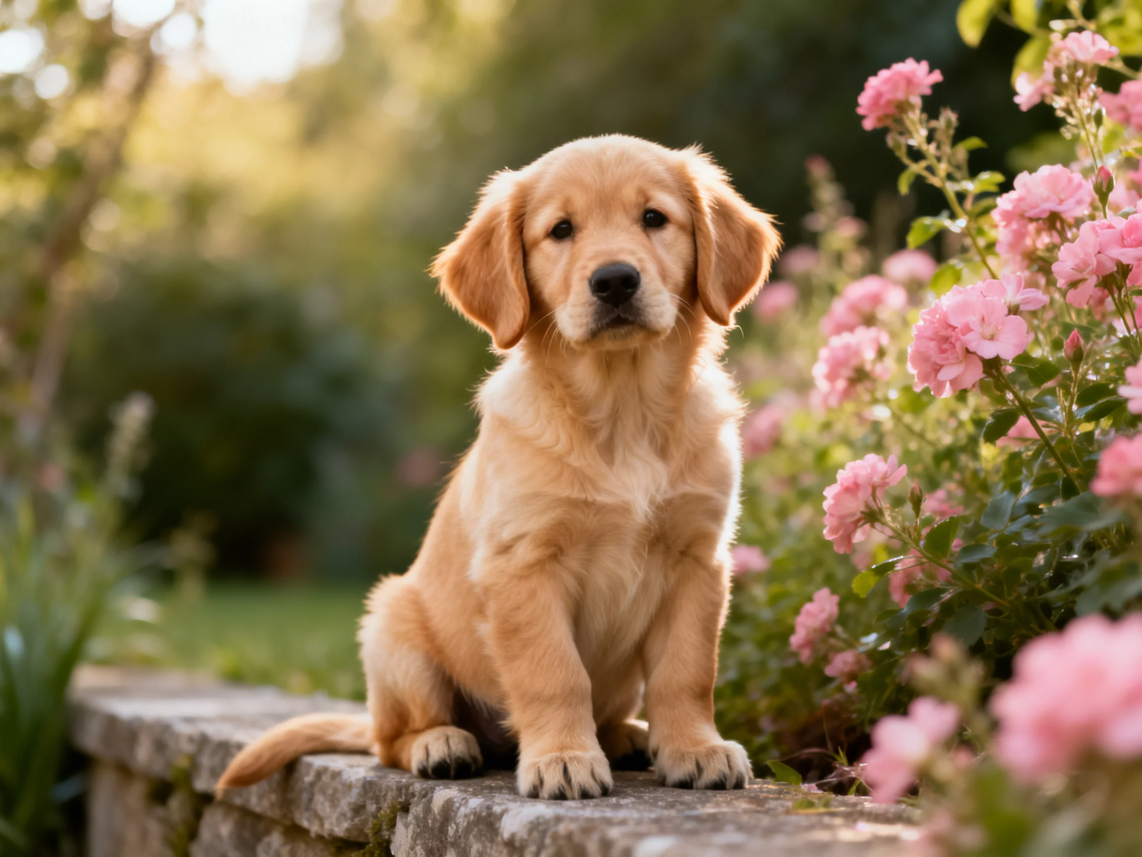 A golden retriever puppy sits near pink flowers on a stone ledge in a garden.