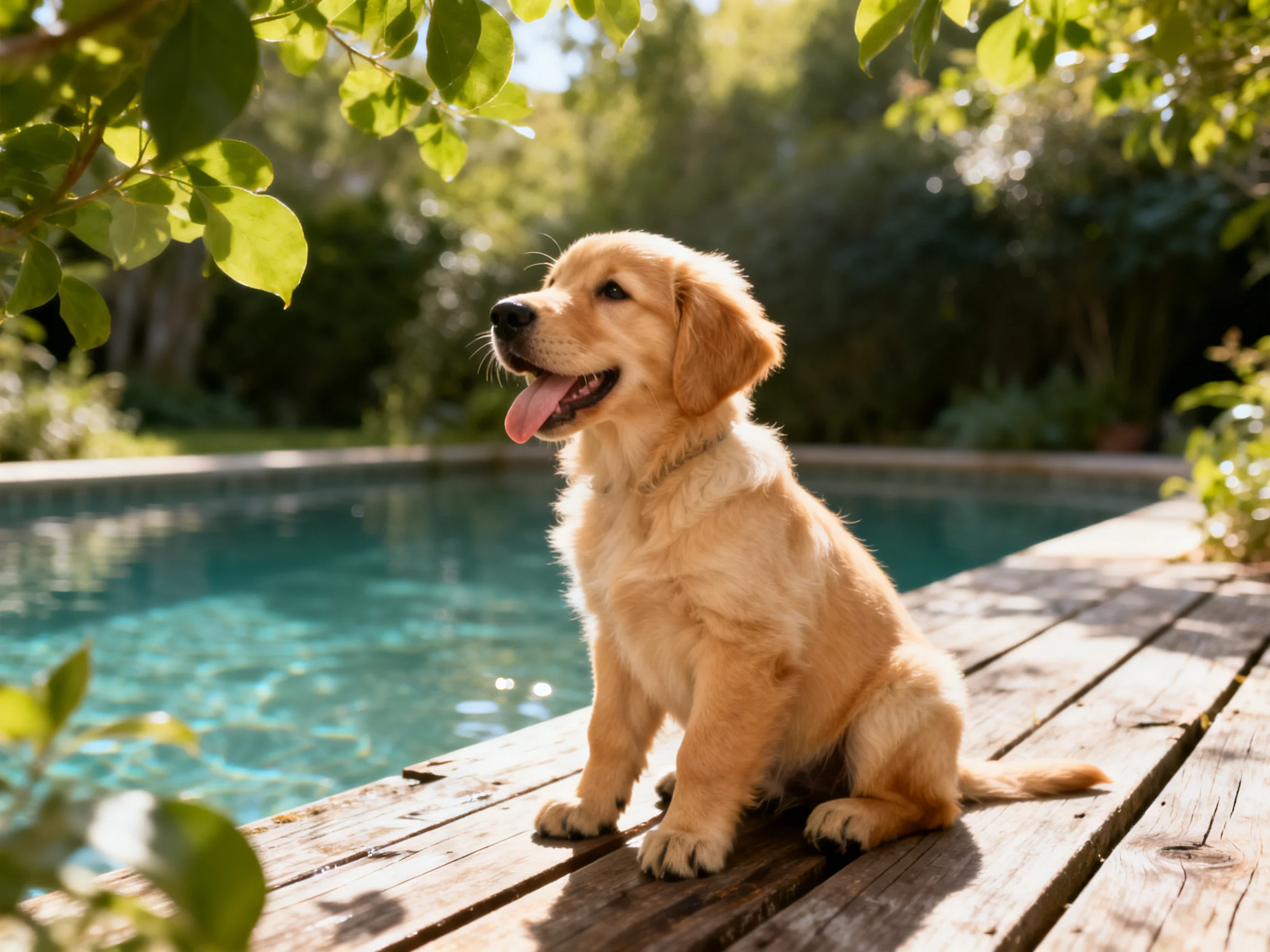 A golden retriever puppy sits contentedly beside a swimming pool