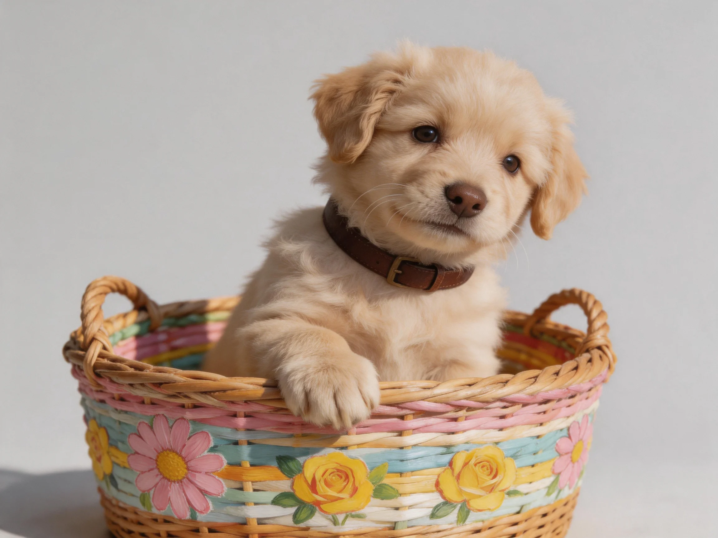A golden retriever puppy sits in a decorated wicker basket