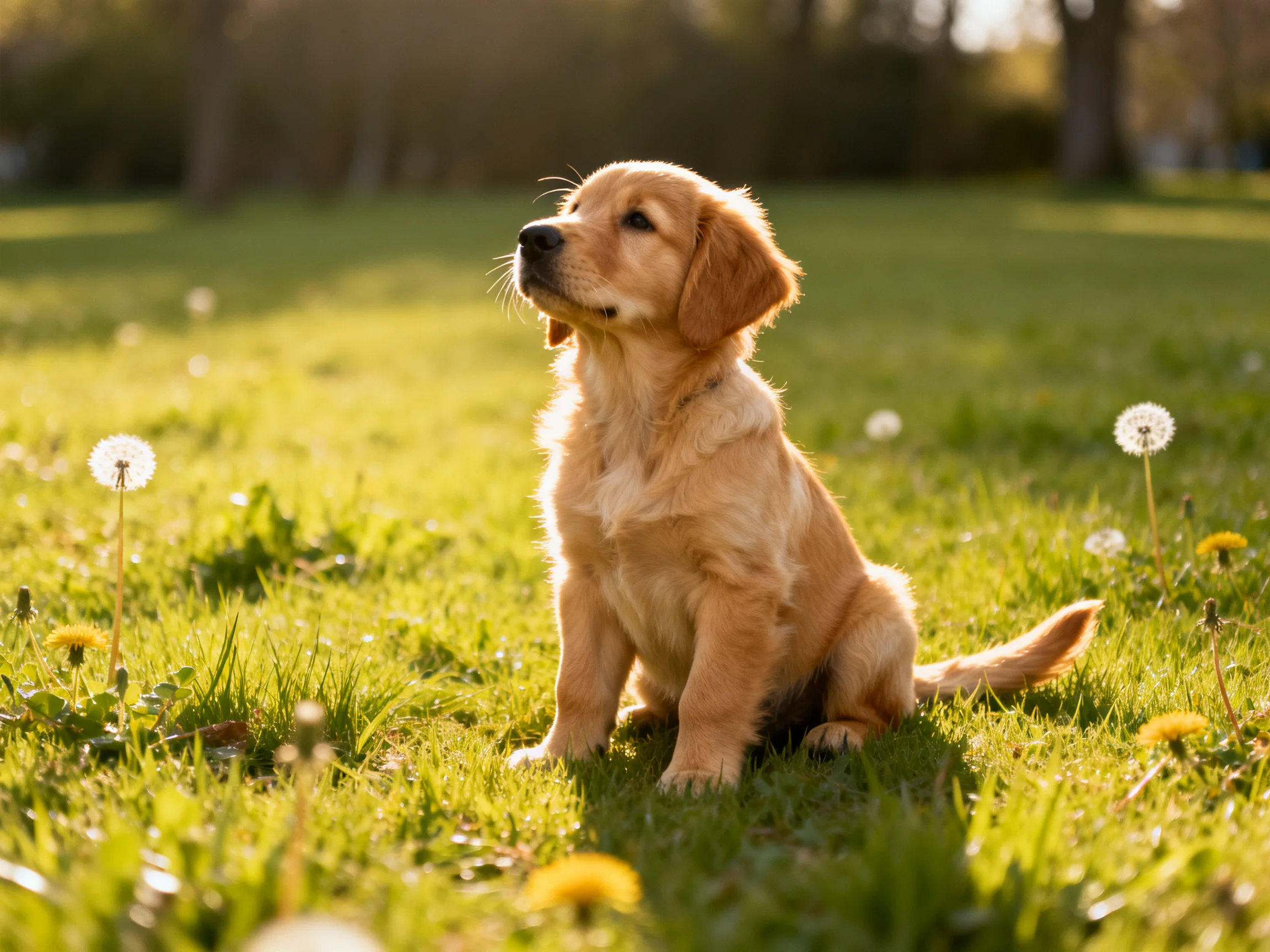 A golden retriever puppy sits in a sunlit grassy area with dandelions