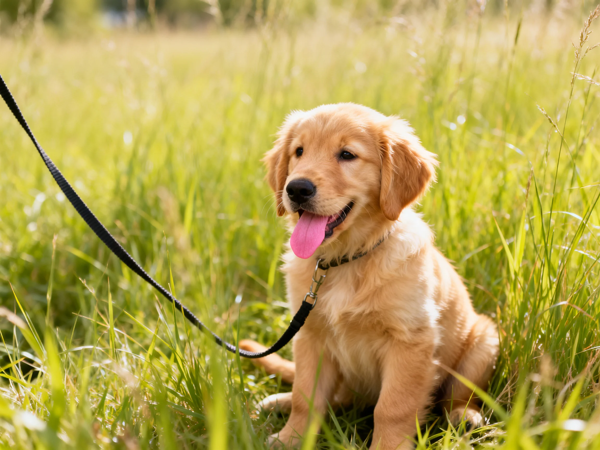 A golden retriever puppy sits in tall grass connected to a black leash.