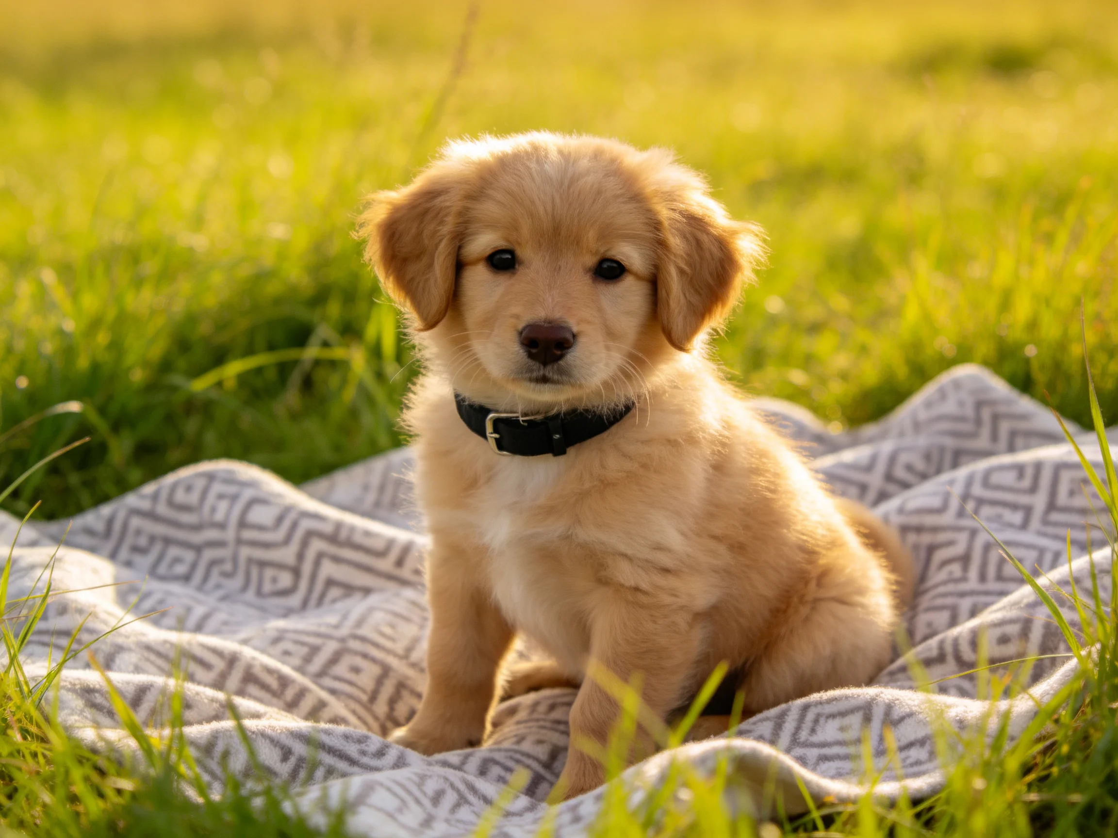A golden retriever puppy sits on a blanket in a sunlit grassy area