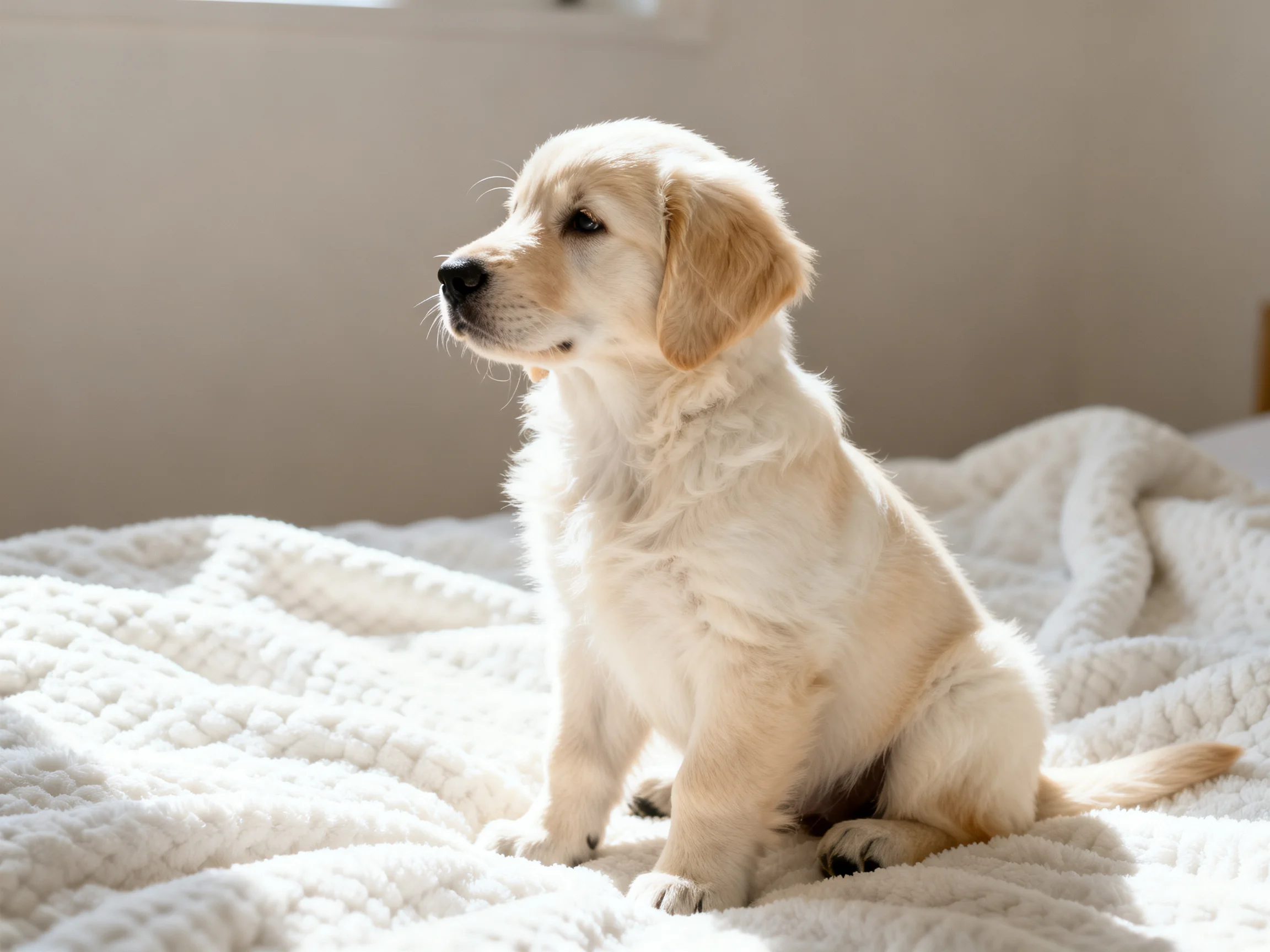 A golden retriever puppy sits calmly on a soft white blanket inside