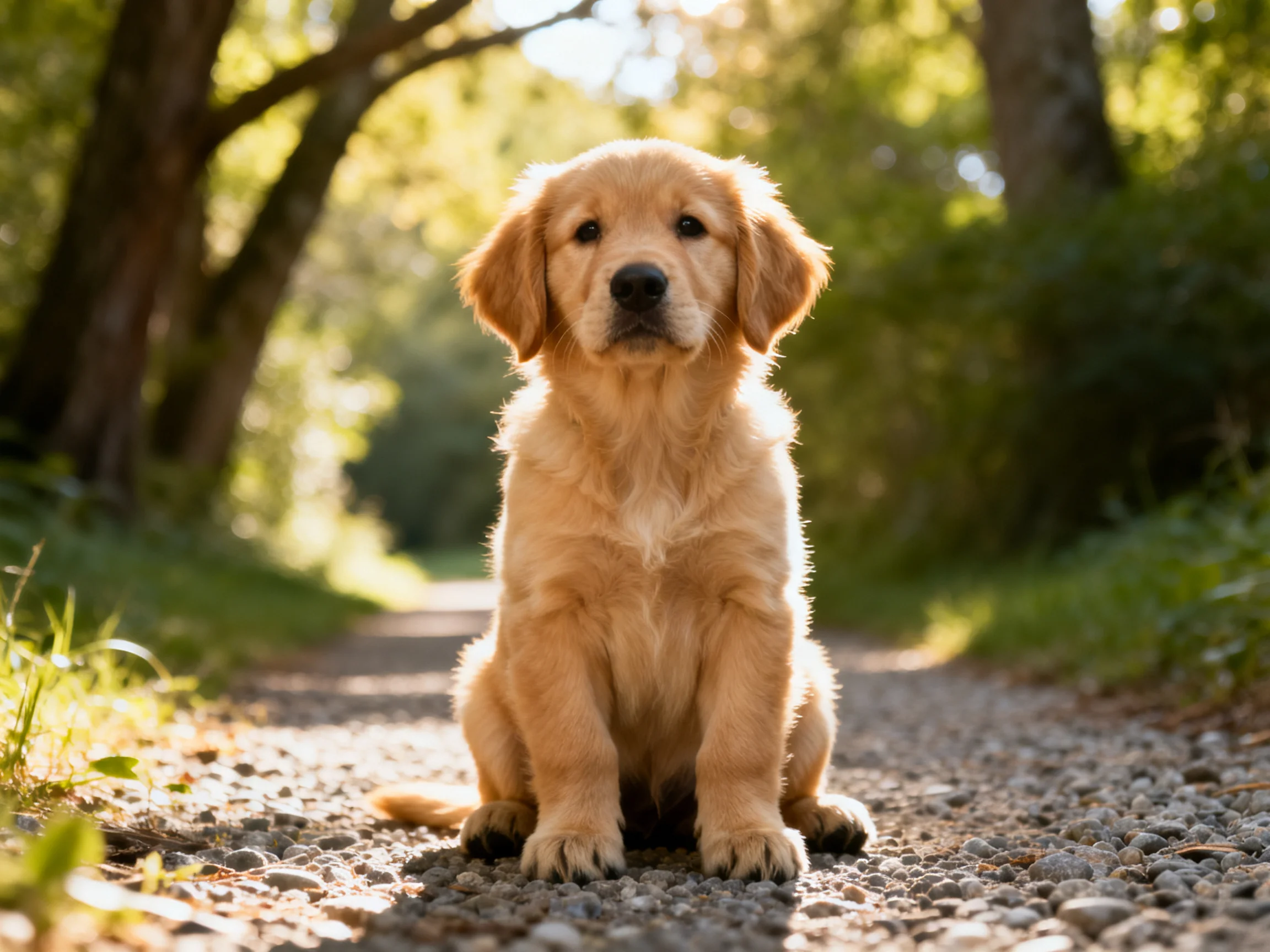 A golden retriever puppy sits calmly on a sunlit gravel path in a forested area.
