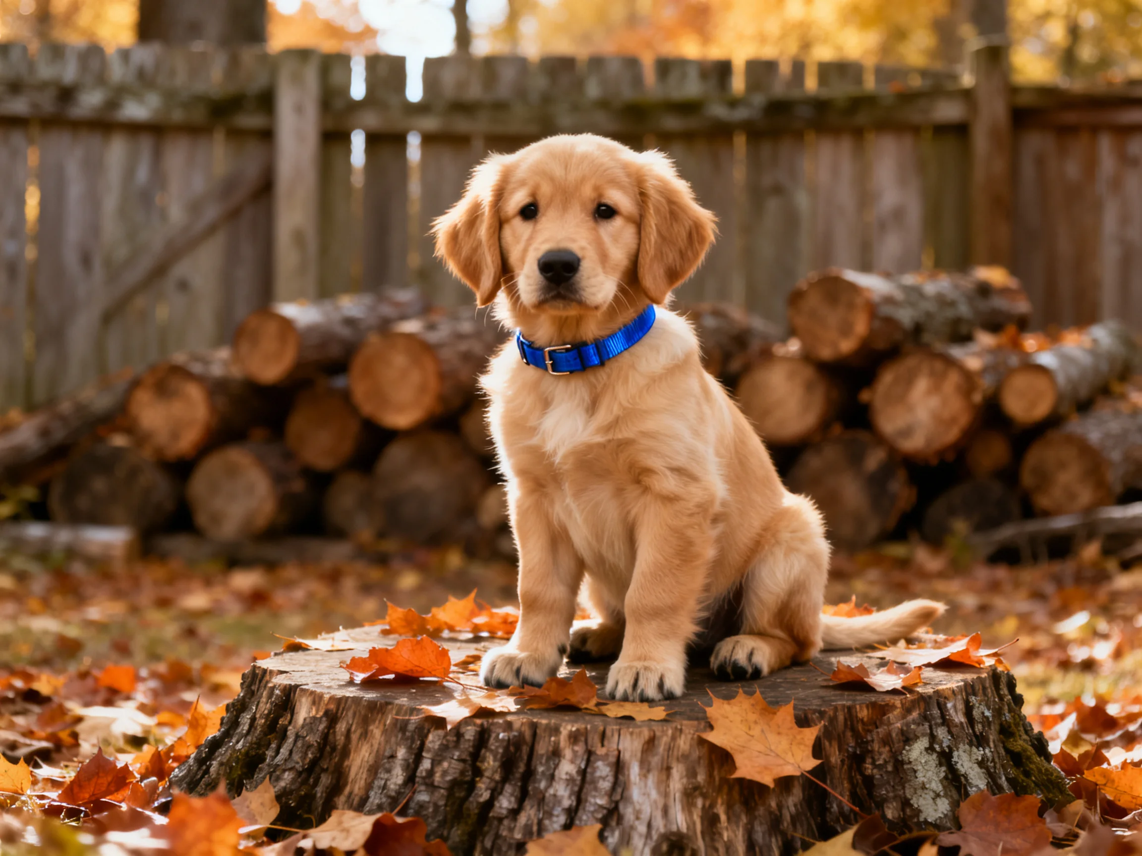 A golden retriever puppy sits on a tree stump amid autumn leaves and firewood.