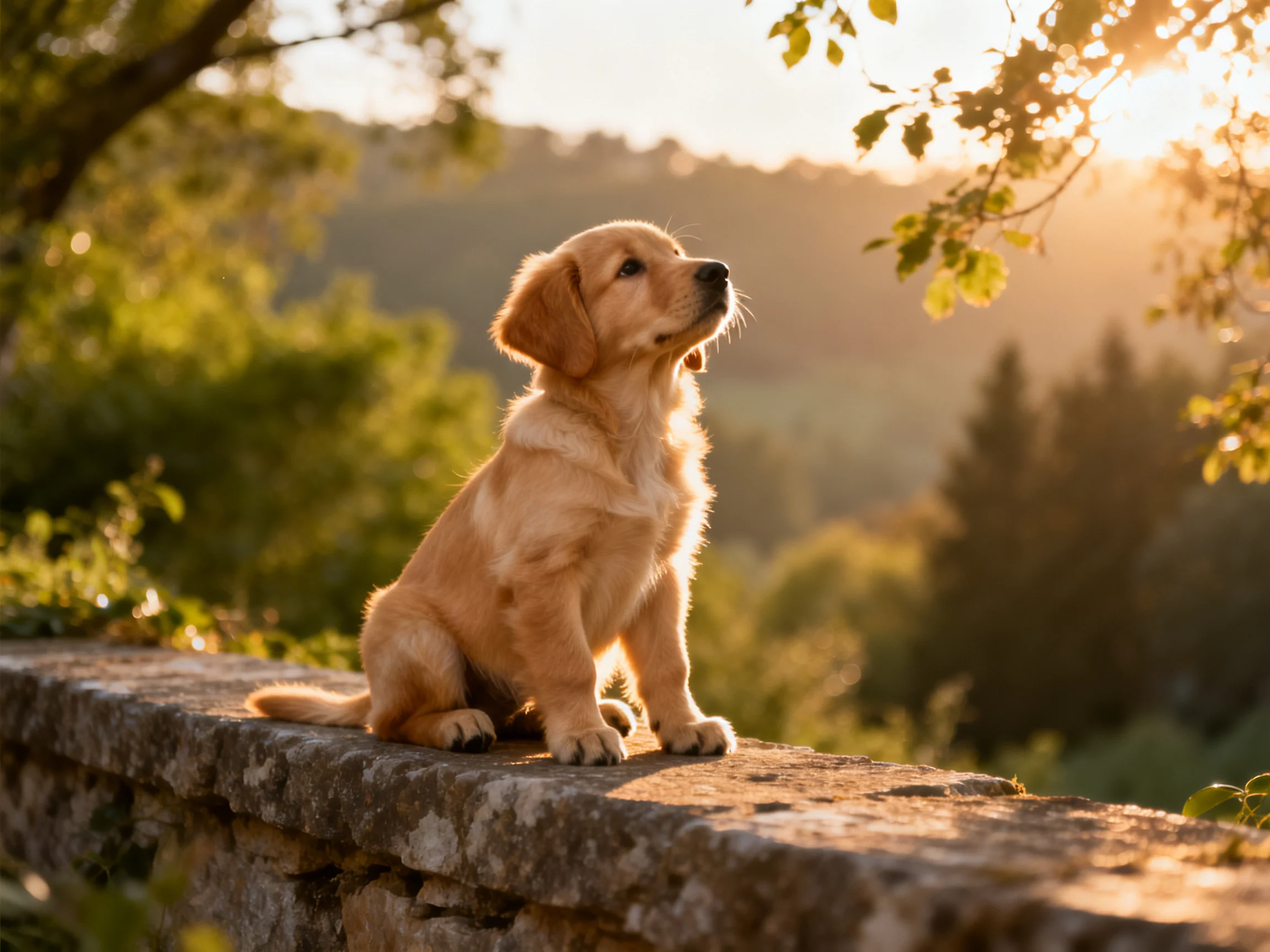 A golden retriever puppy sits on a stone wall in a sunlit natural setting.