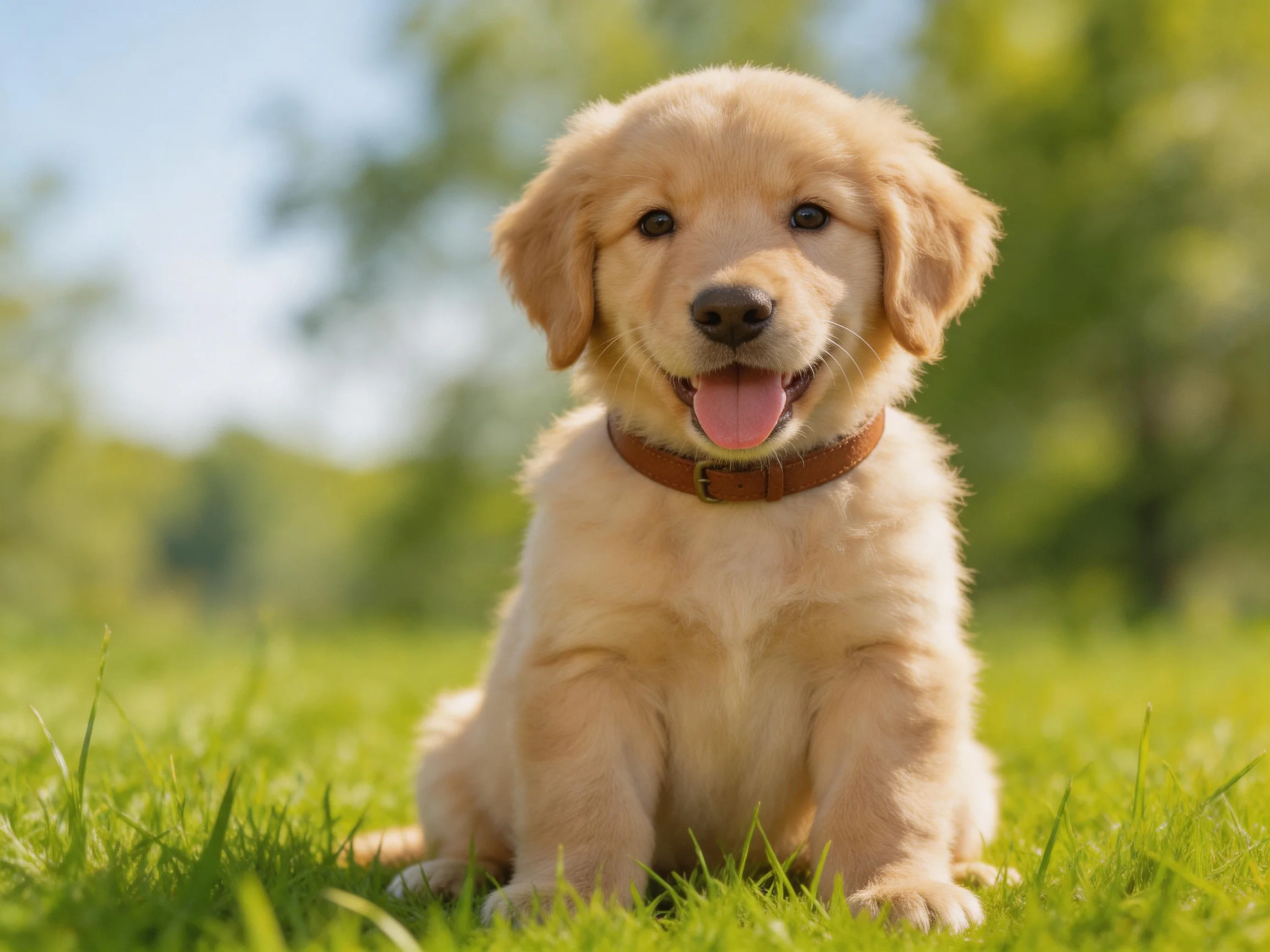 A golden retriever puppy sits on green grass outside.