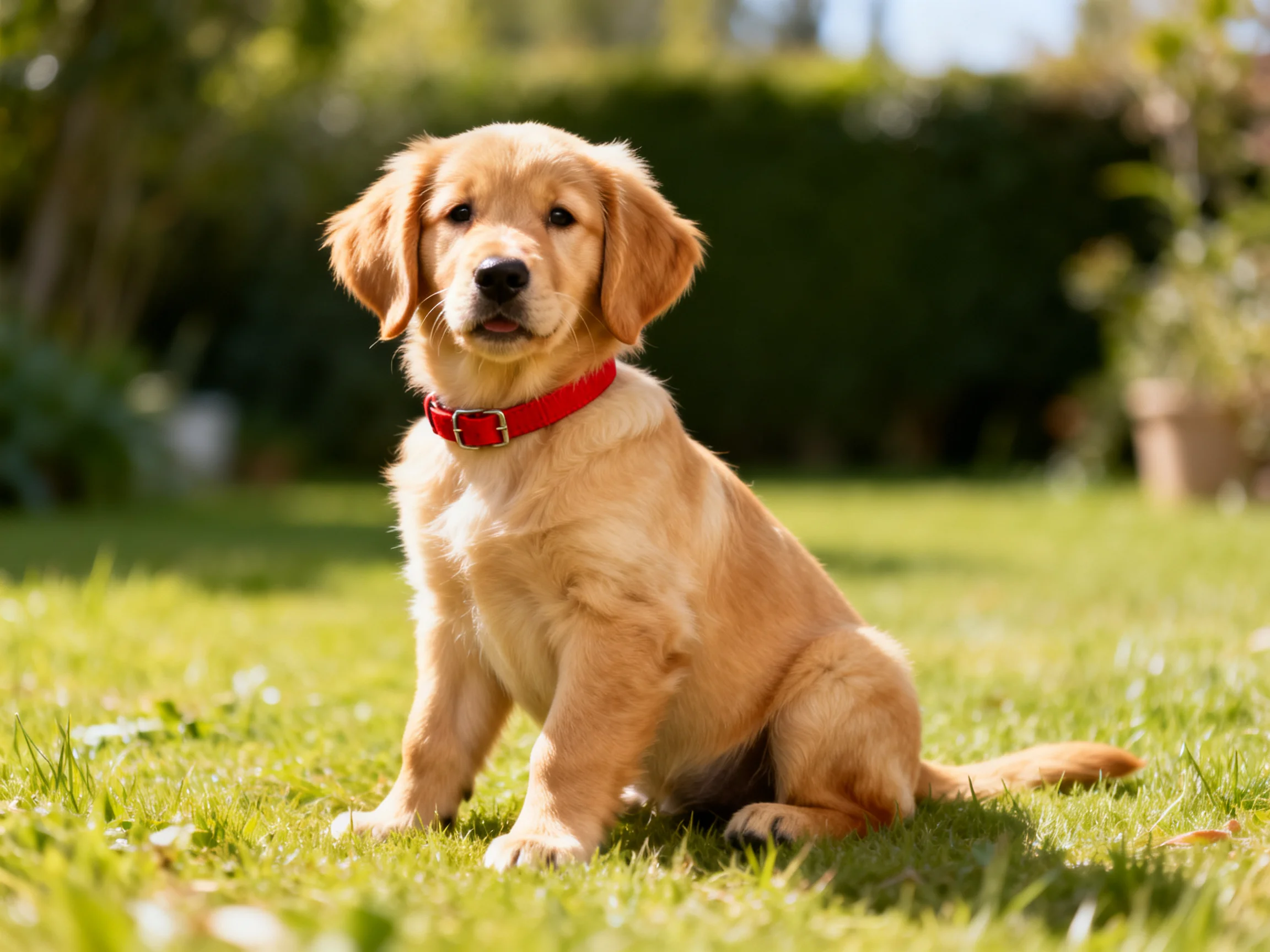 A golden retriever puppy with a red collar sits calmly on grass in a sunlit outdoor space.