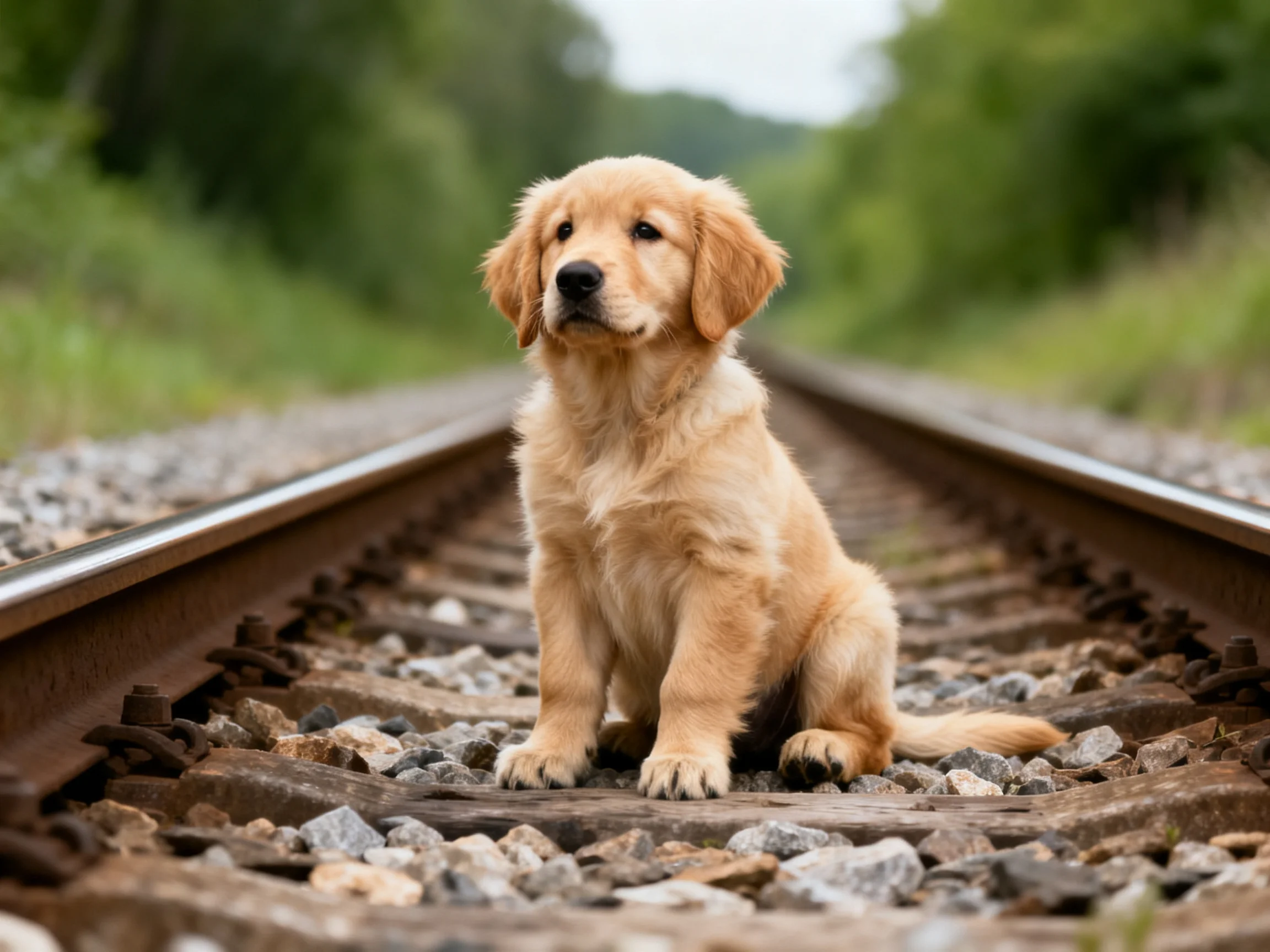 A golden retriever puppy sits alone on railroad tracks in a green, wooded area.