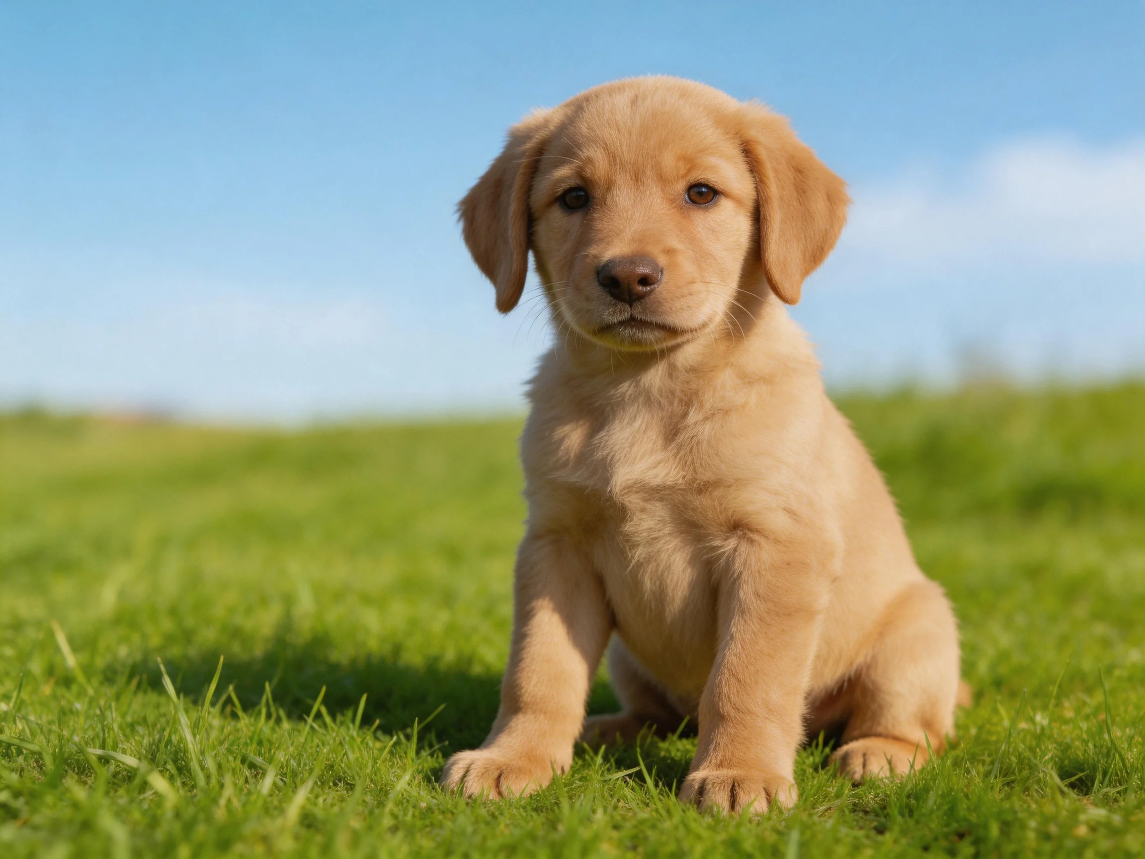 A golden retriever puppy sits on green grass in a sunlit open area.