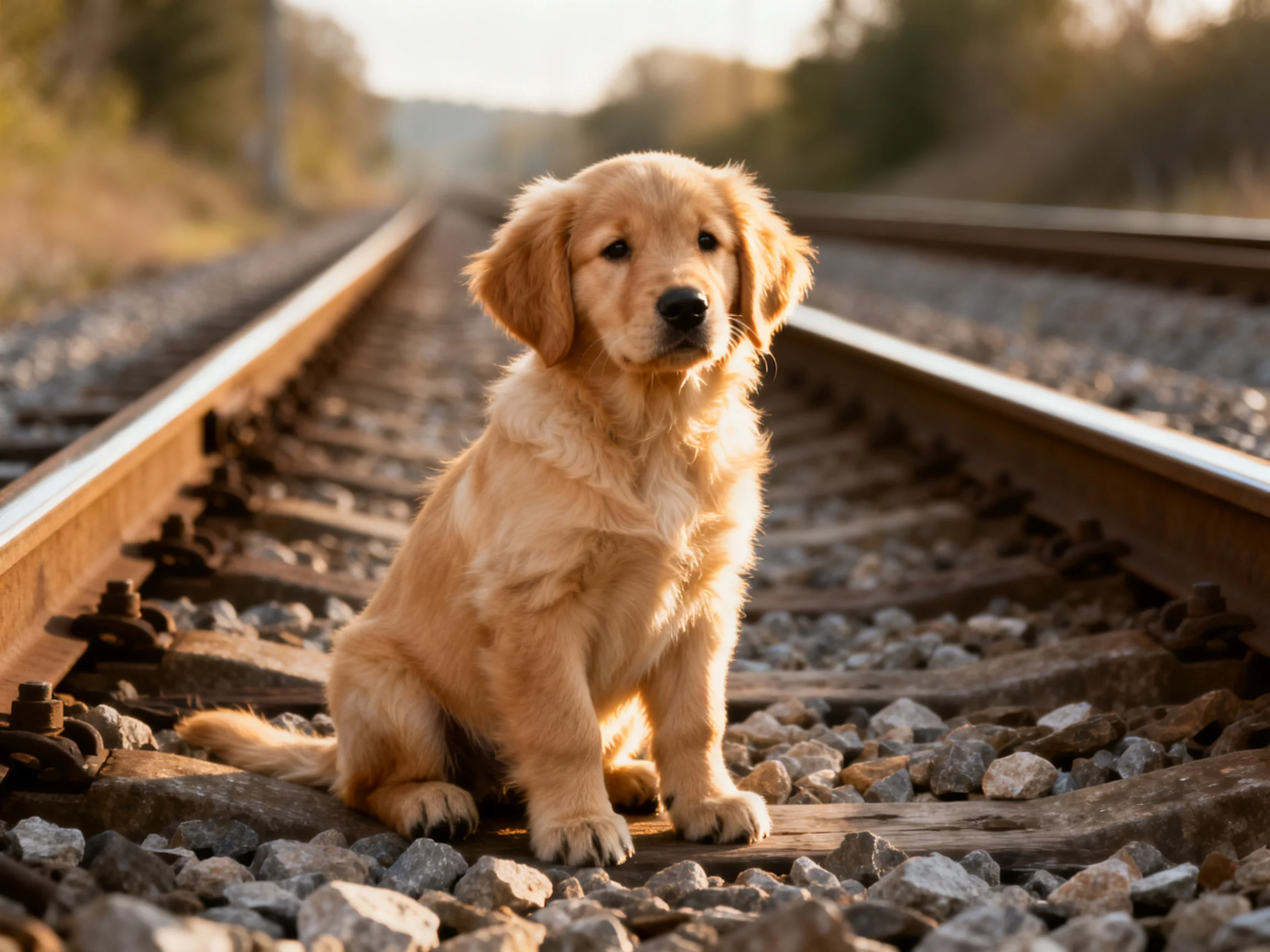 A golden retriever puppy sits alone on railroad tracks.