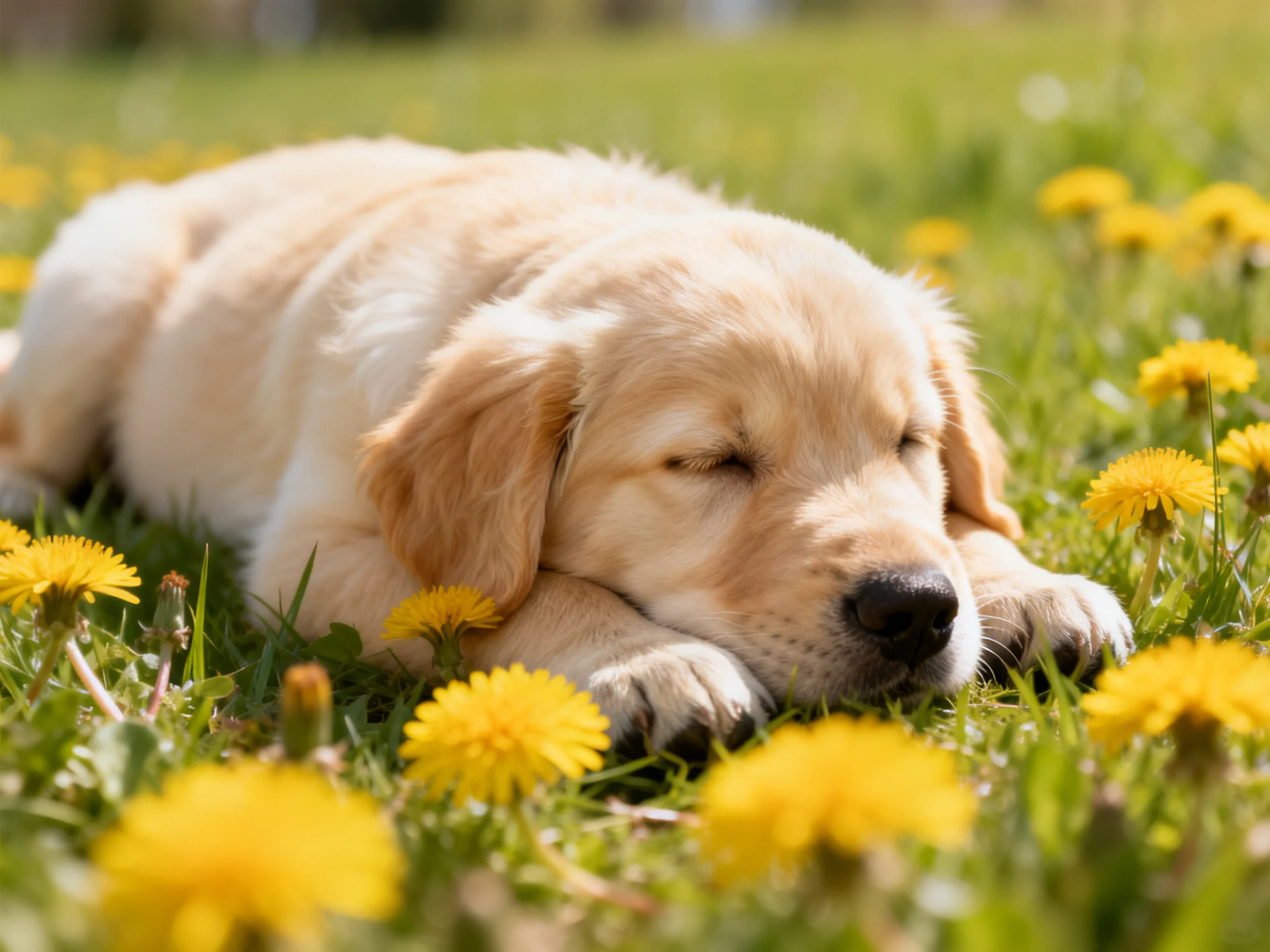 A golden retriever puppy sleeps among yellow dandelions in a sunlit meadow.