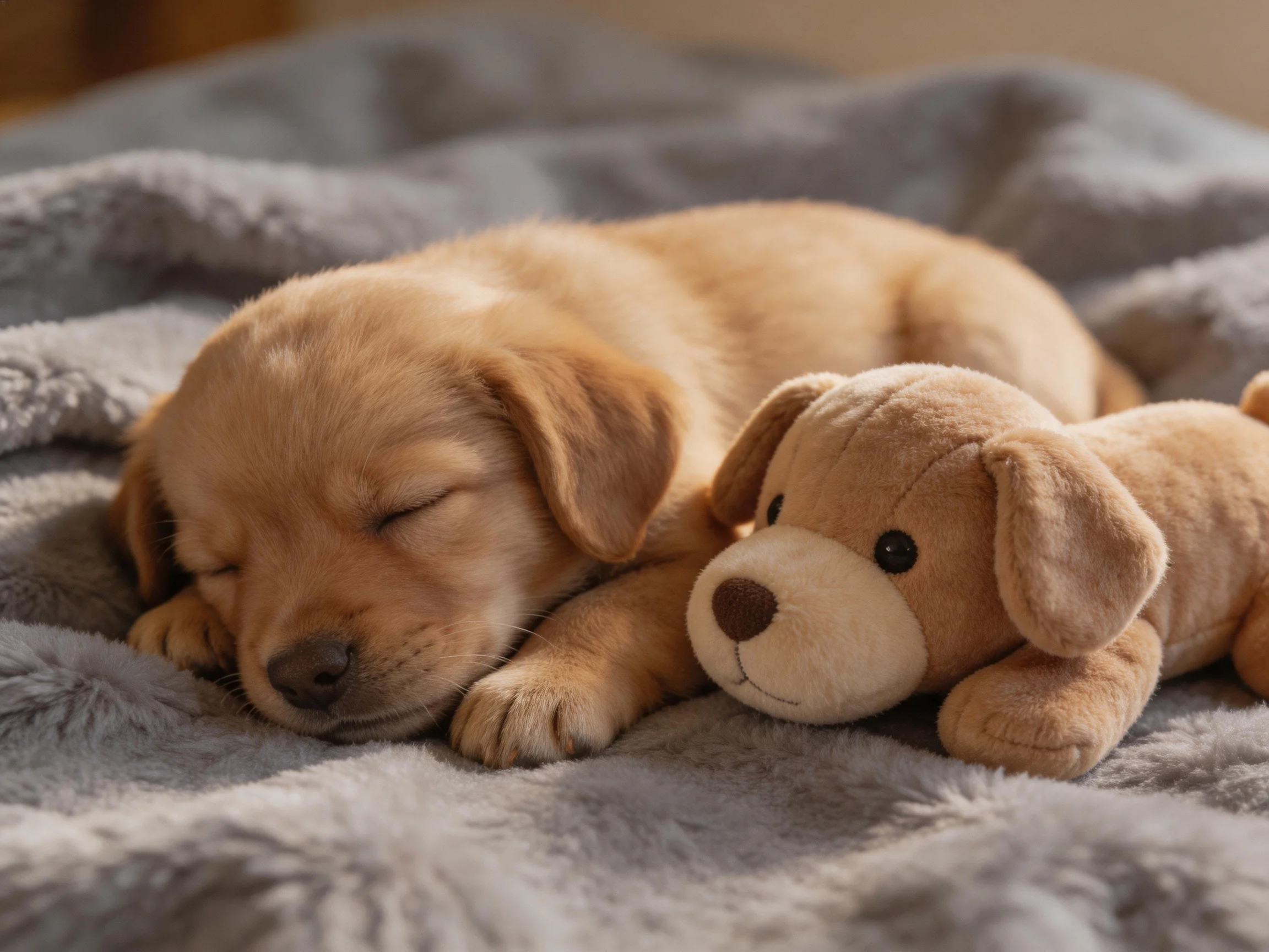A golden retriever puppy rests near a stuffed dog toy on a soft gray blanket