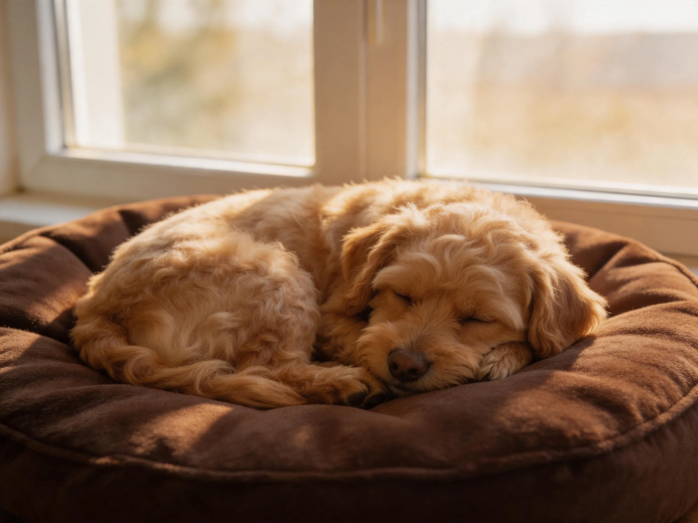 A golden retriever puppy sleeps peacefully in a brown bed near bright windows