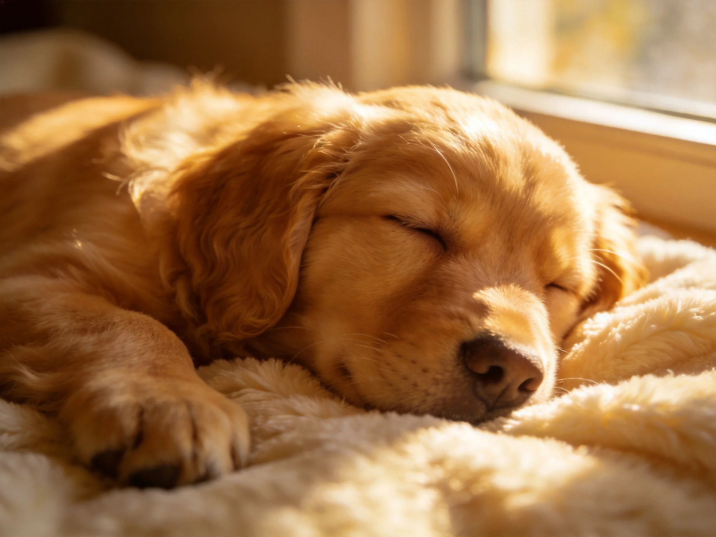 A golden retriever puppy rests on a cozy blanket by a sunlit window.