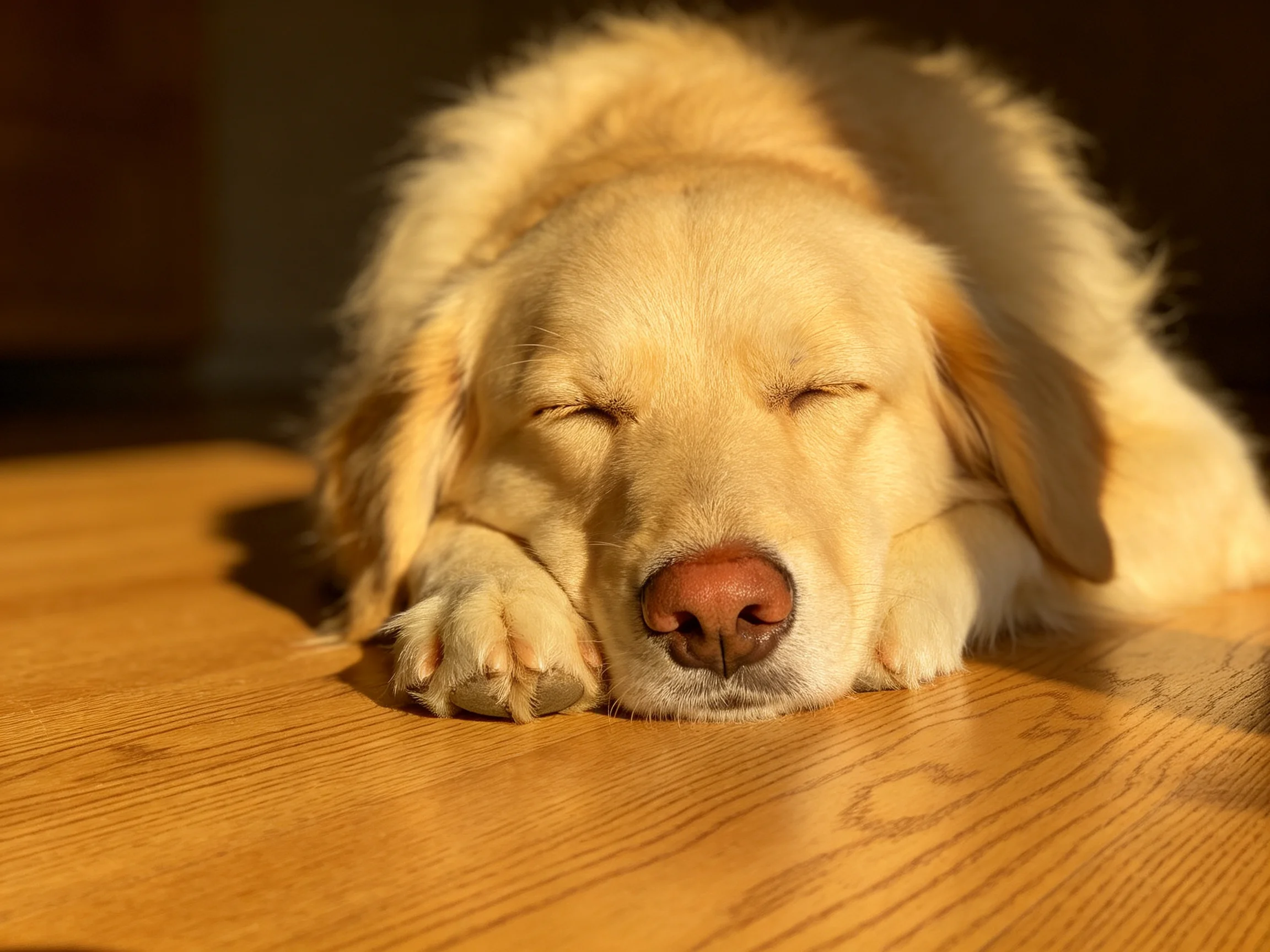 A golden retriever puppy sleeps on a wooden floor in warm lighting.
