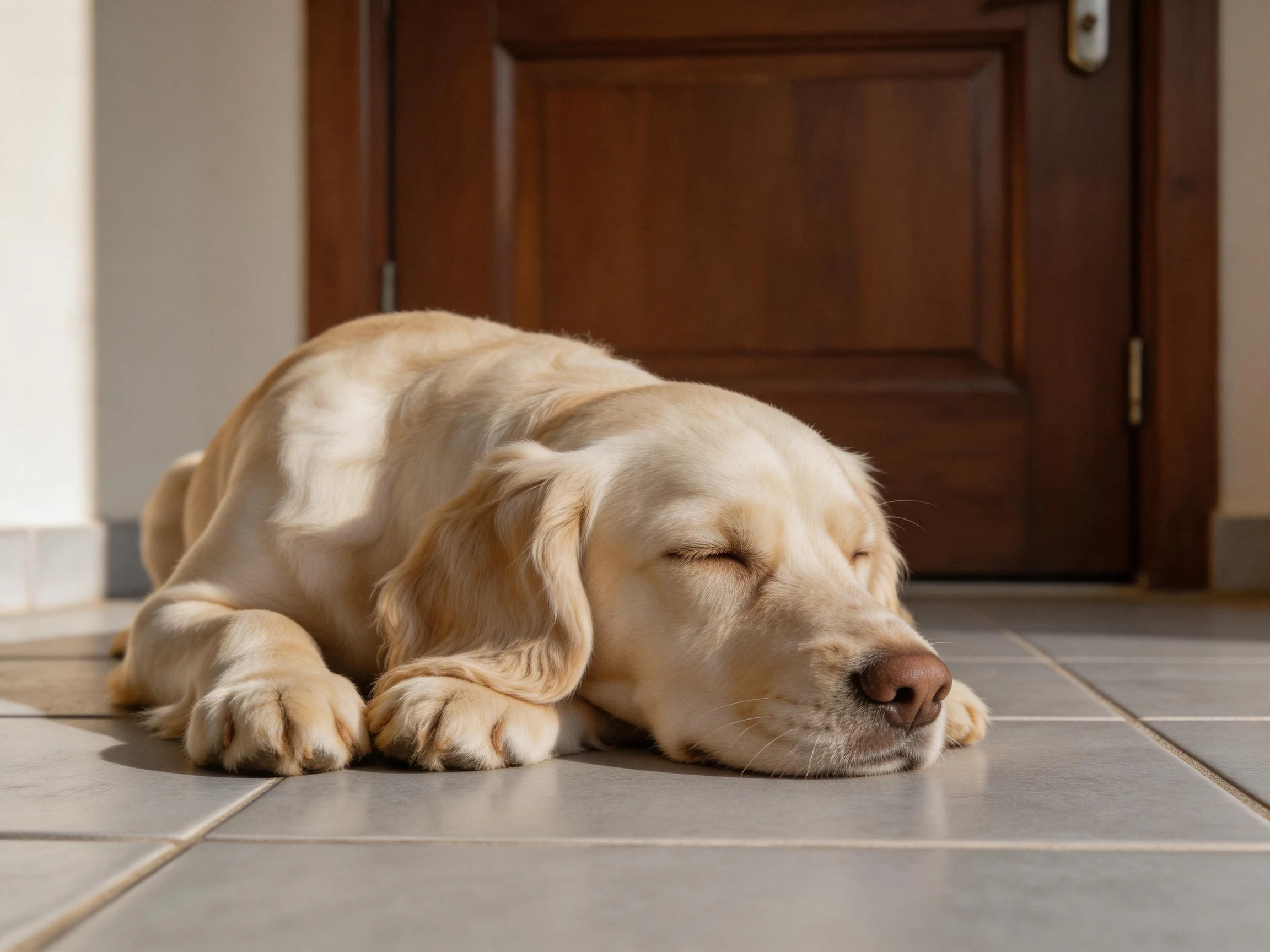 A golden retriever puppy rests on a tiled floor by a wooden door.