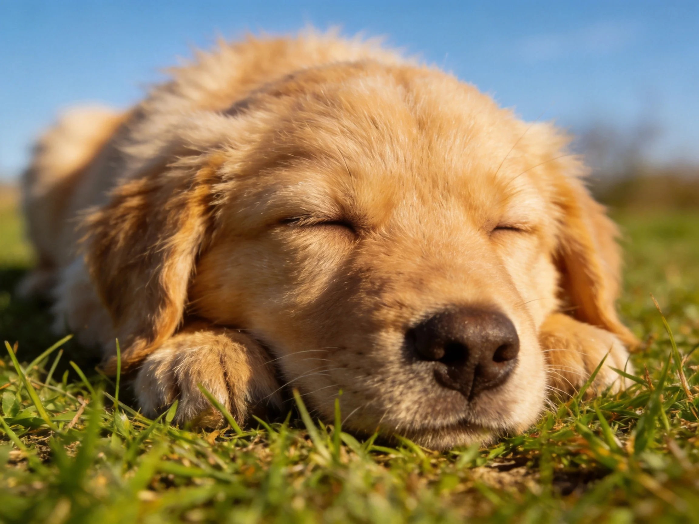 A golden retriever puppy sleeps on lush green grass under bright sunlight