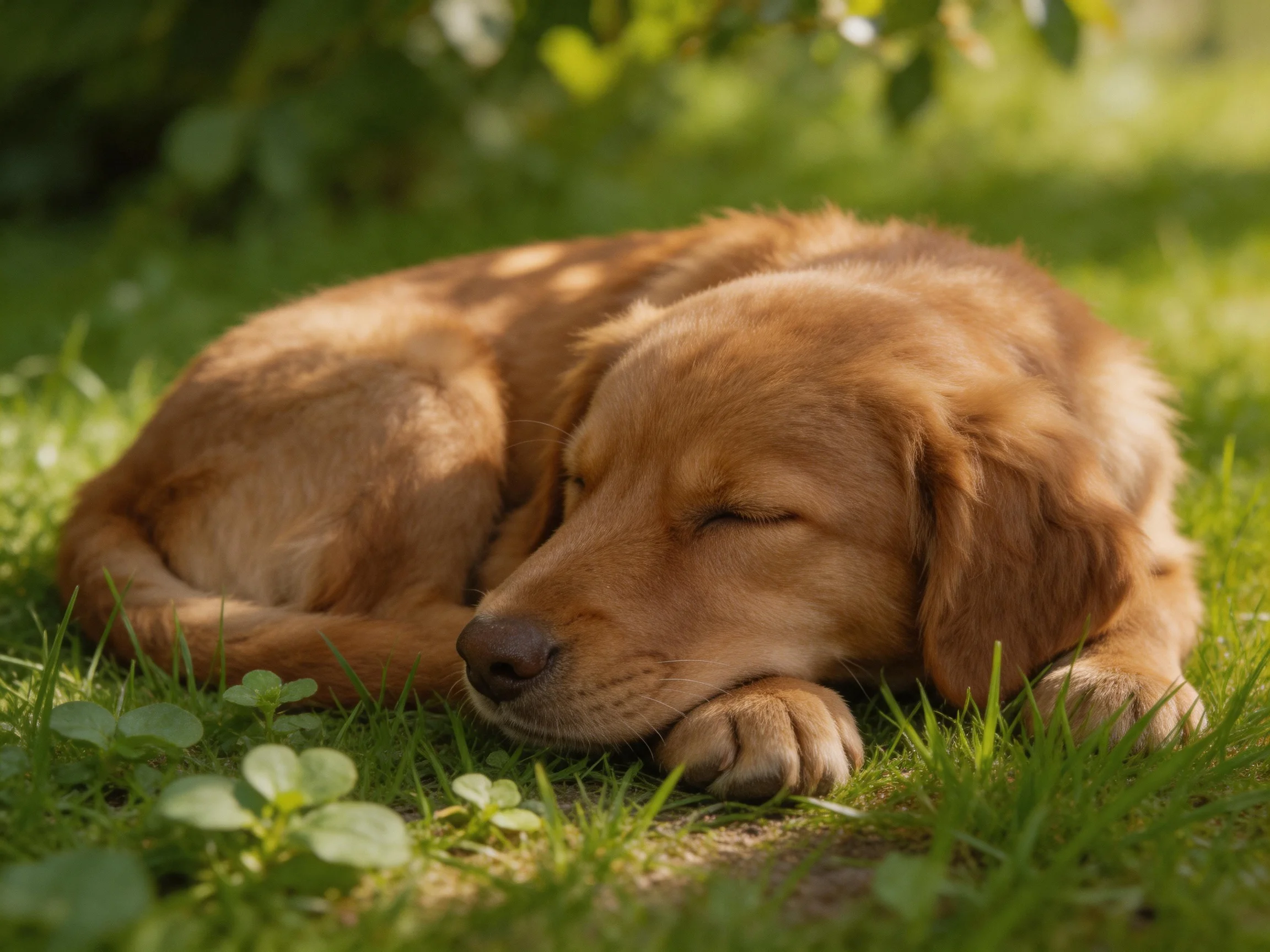 A golden retriever puppy sleeps on green grass in a sunlit garden.