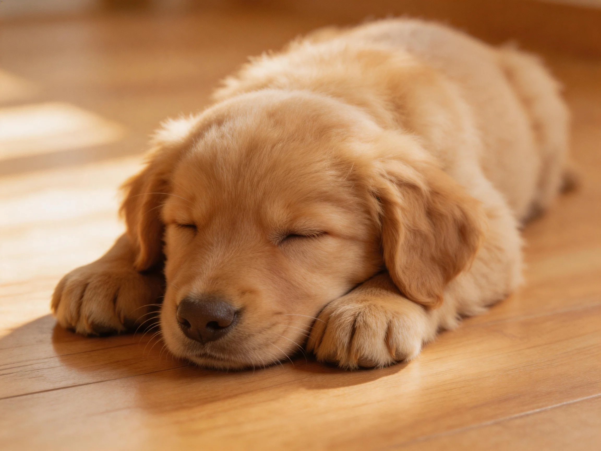 A golden retriever puppy sleeps soundly on a wooden floor.