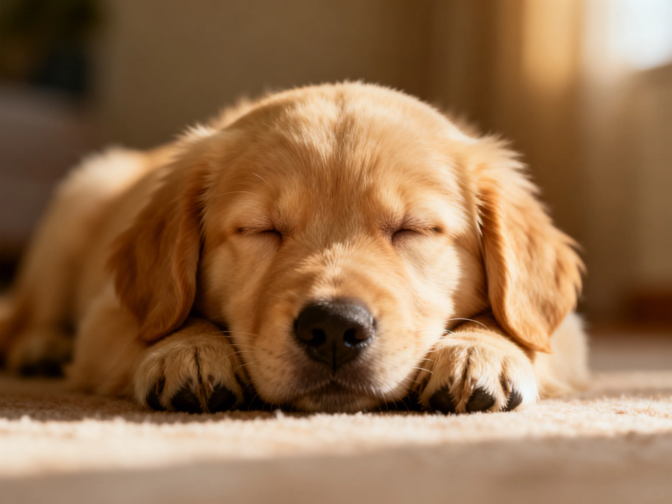 A golden retriever puppy rests quietly on a carpeted surface in a softly lit indoor space.