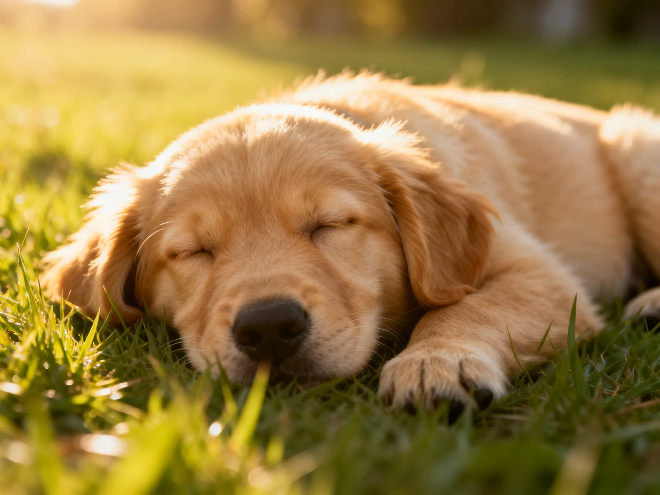 A golden retriever puppy sleeps on grass in sunlight