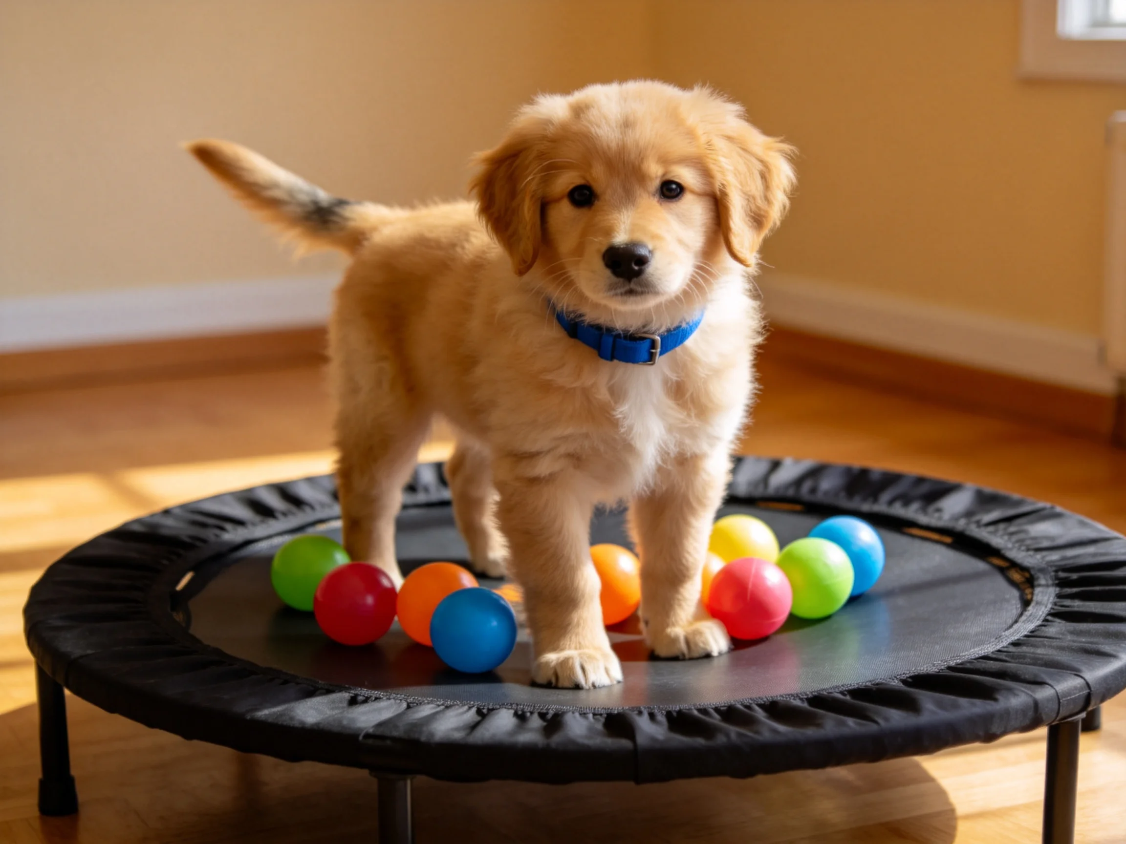 A golden retriever puppy stands on a trampoline with colorful balls indoors.