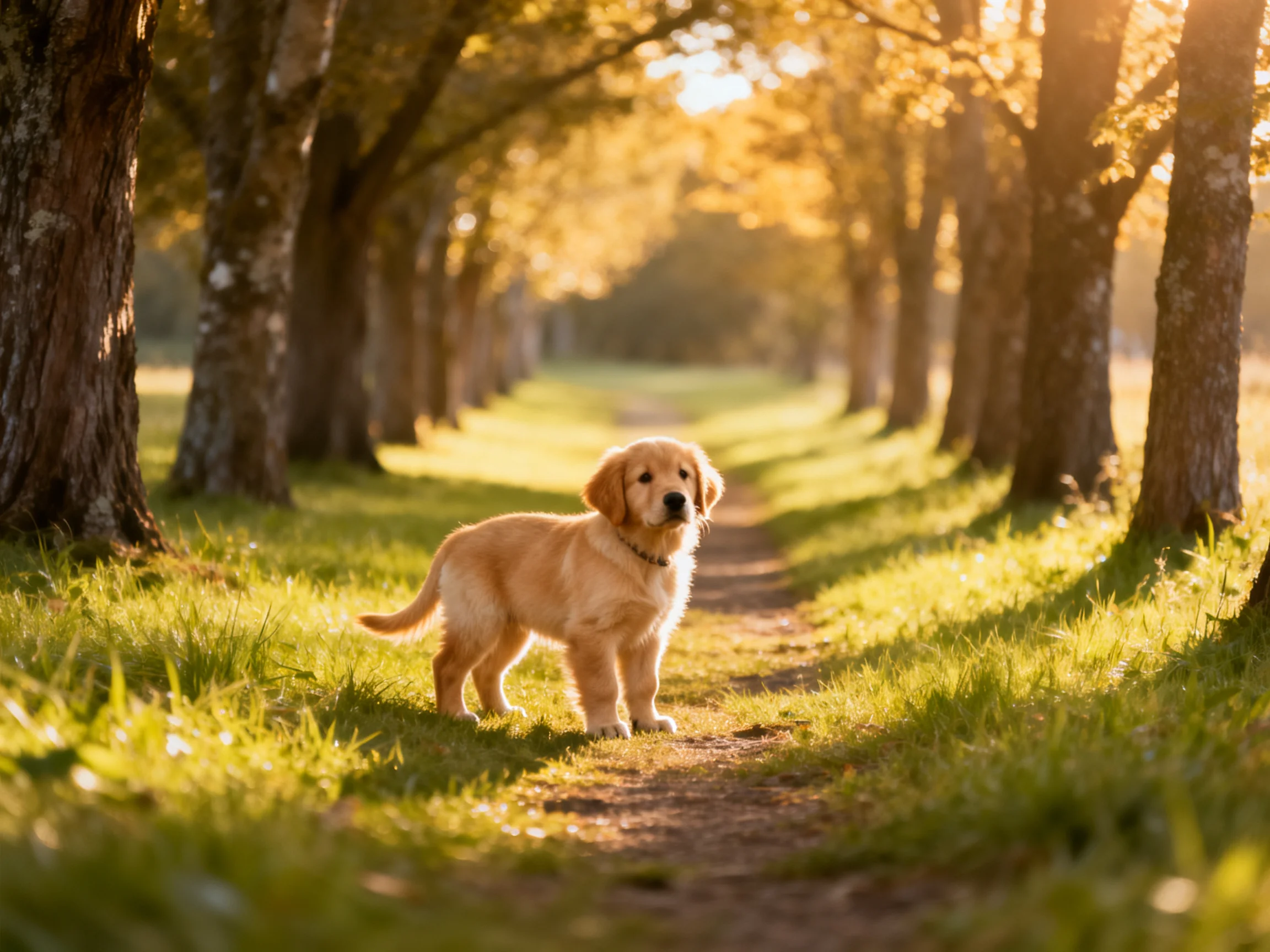 A golden retriever puppy explores a sunlit pathway lined with tall trees.