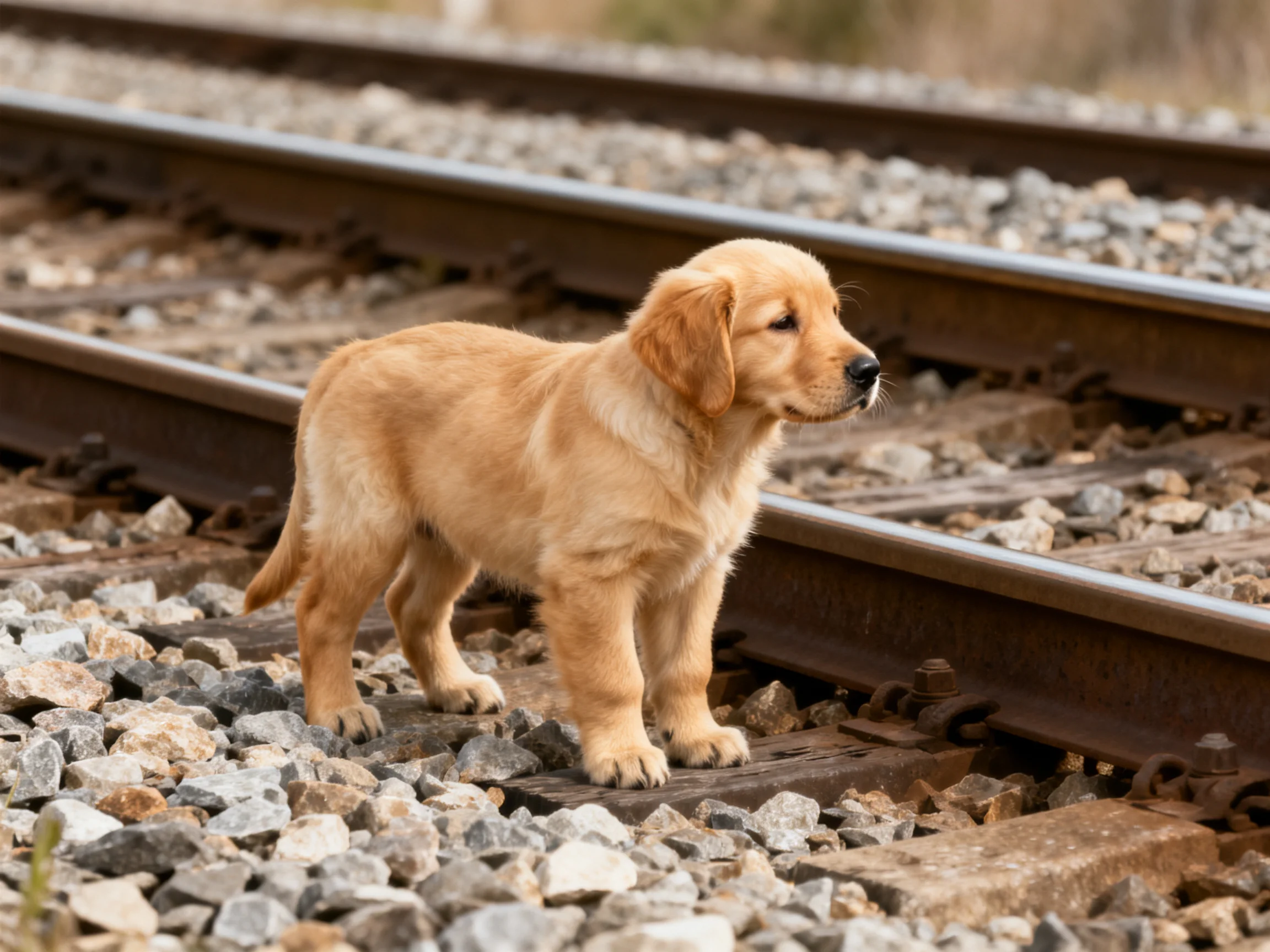 A golden retriever puppy stands on railway tracks near gravel.