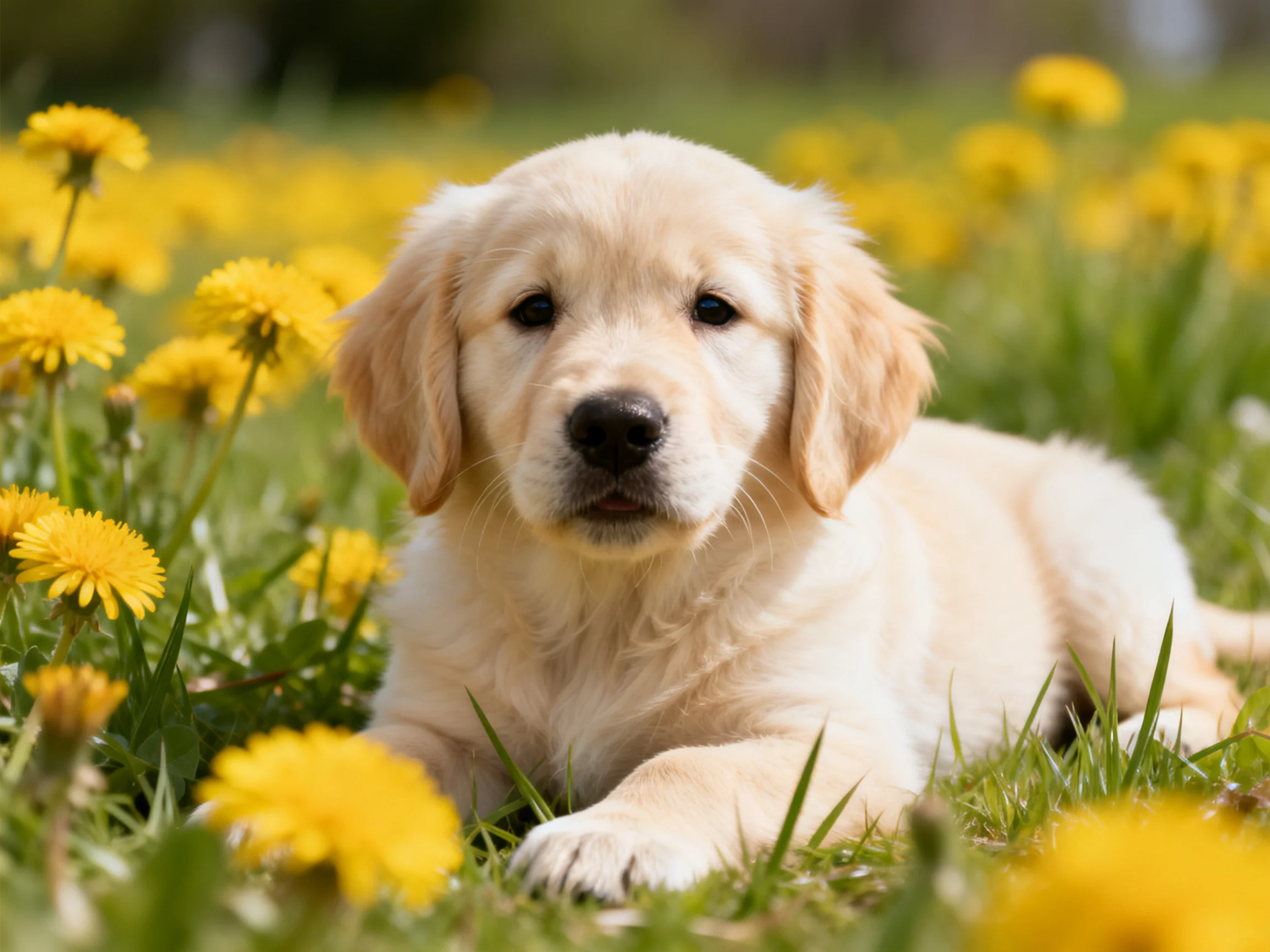A golden retriever puppy surrounded by numerous bright yellow dandelions in a grassy field