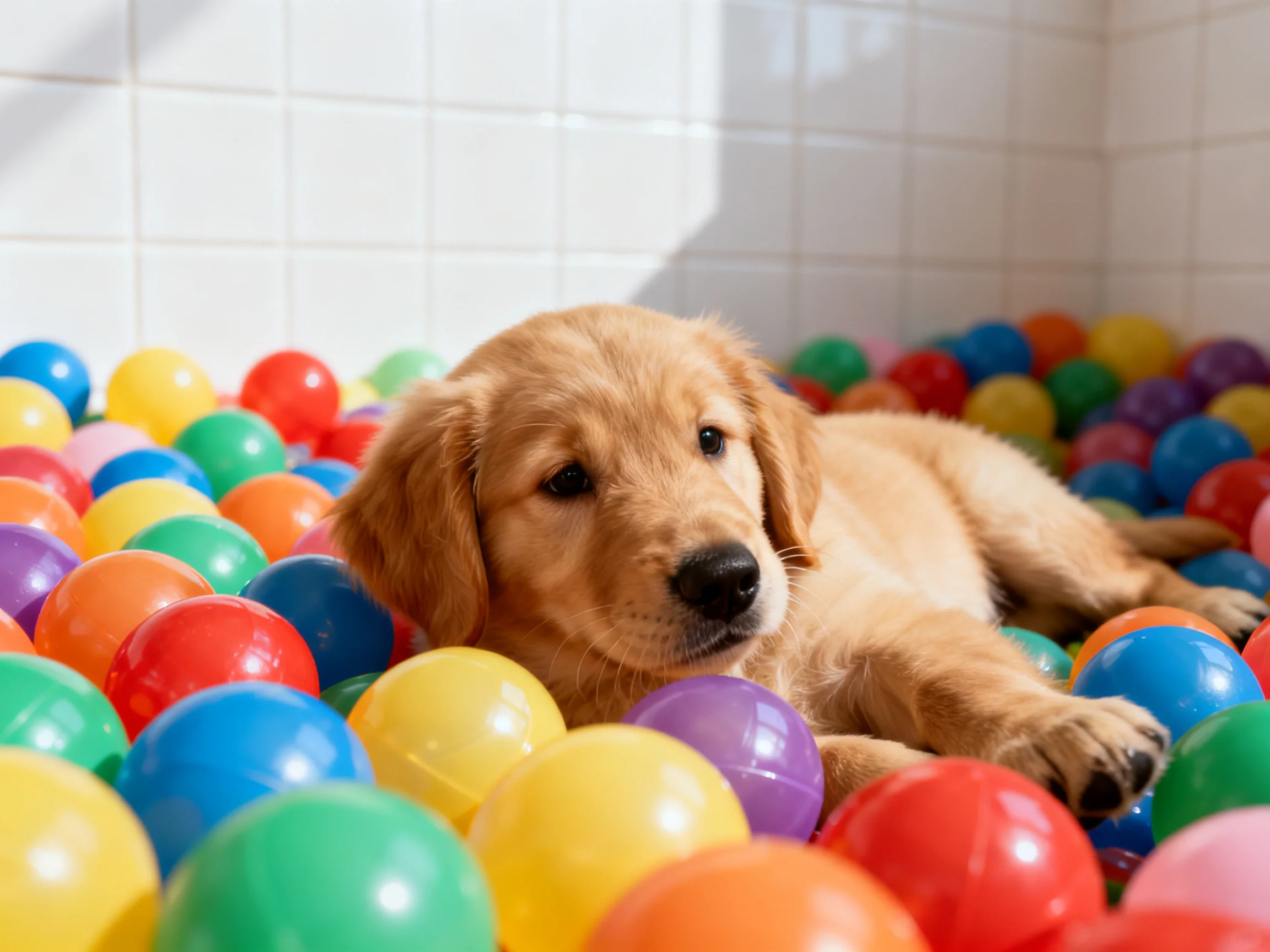 A golden retriever puppy surrounded by numerous colorful plastic balls