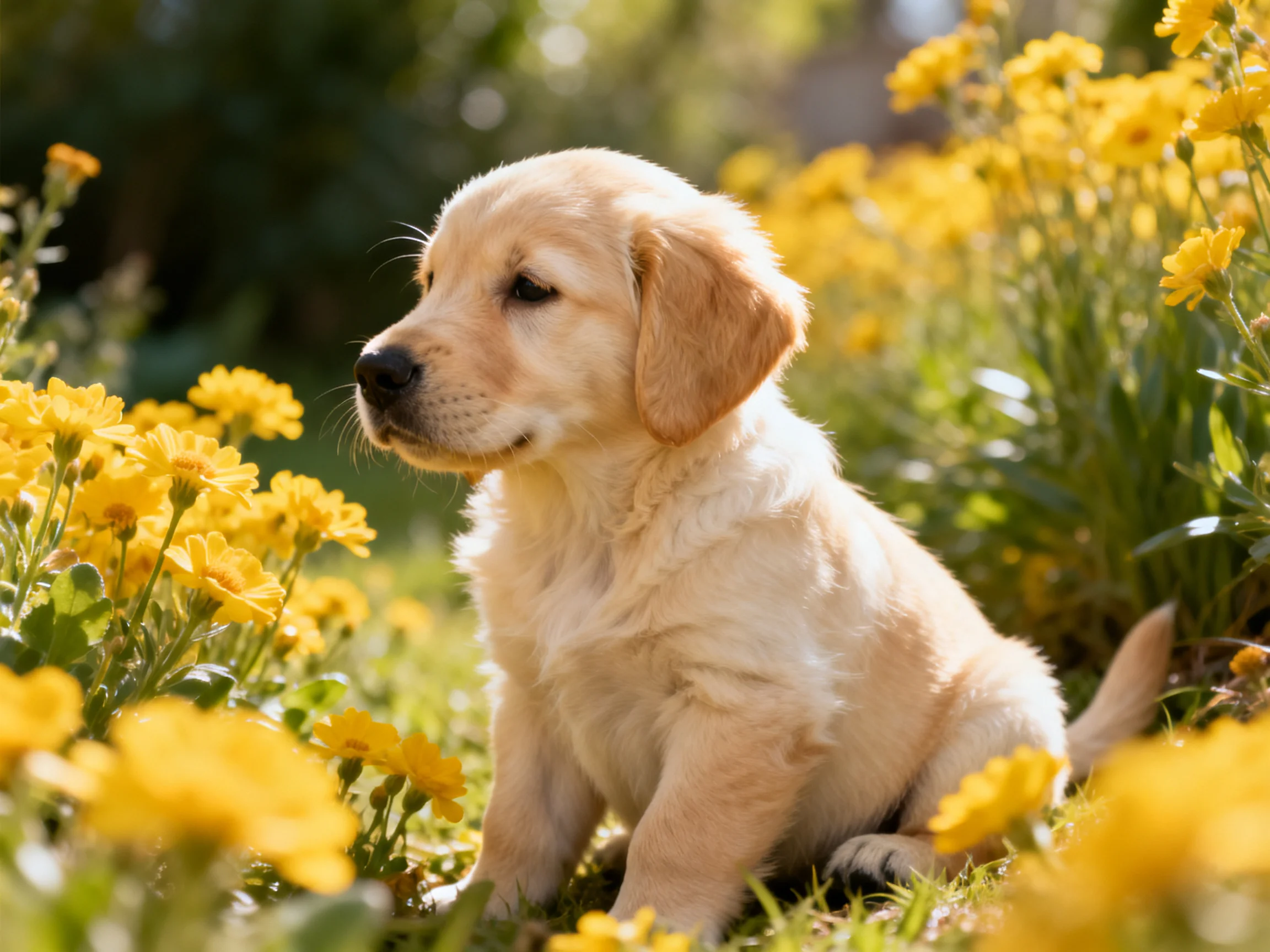 A golden retriever puppy sits among yellow flowers in a sunlit garden